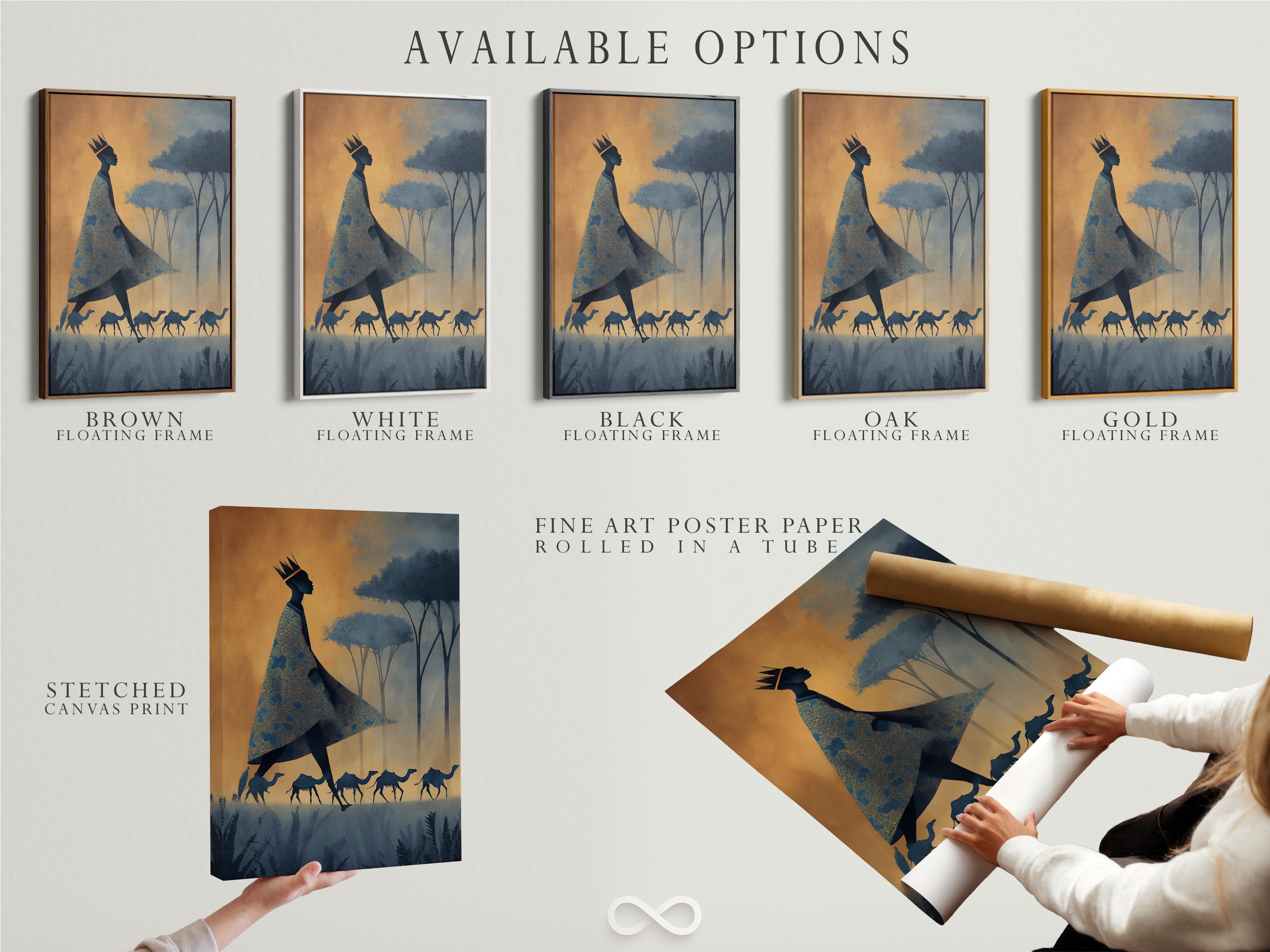 Crowned woman silhouette with camels in a gold and navy desert scene detail view