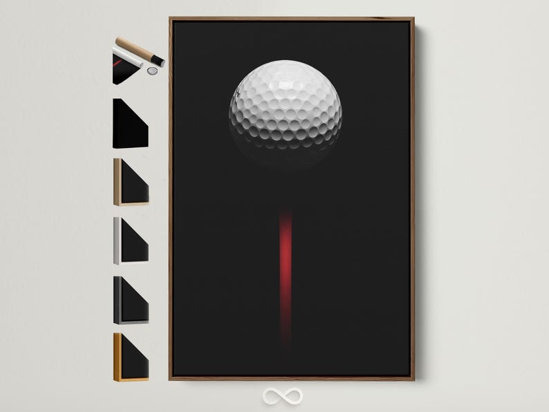 Minimalist golf ball design on a black background with a vivid red vertical accent