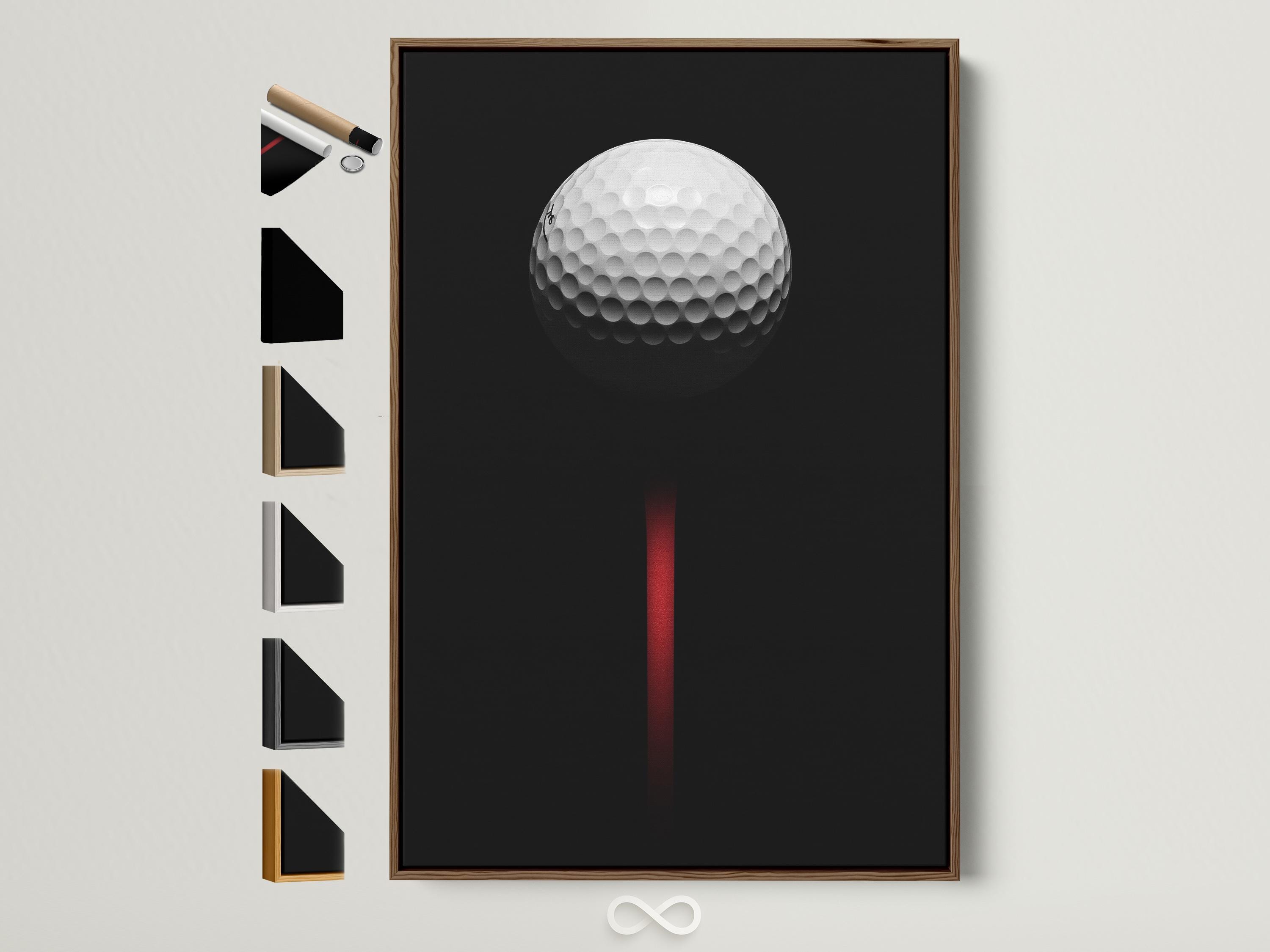 Minimalist golf ball design on a black background with a vivid red vertical accent