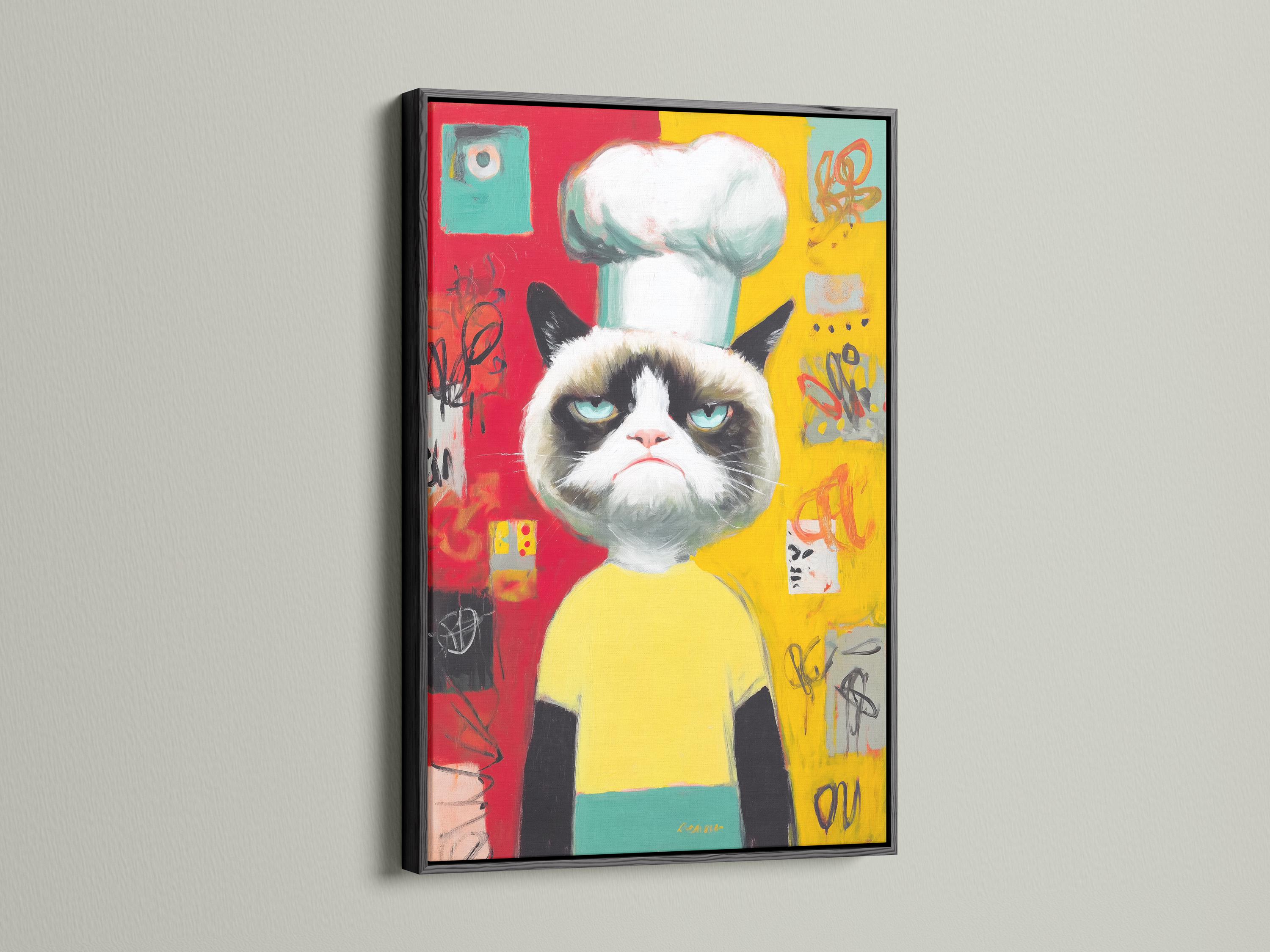 Pop art style grumpy cat wearing a yellow chef outfit with blue-green eyes detail view