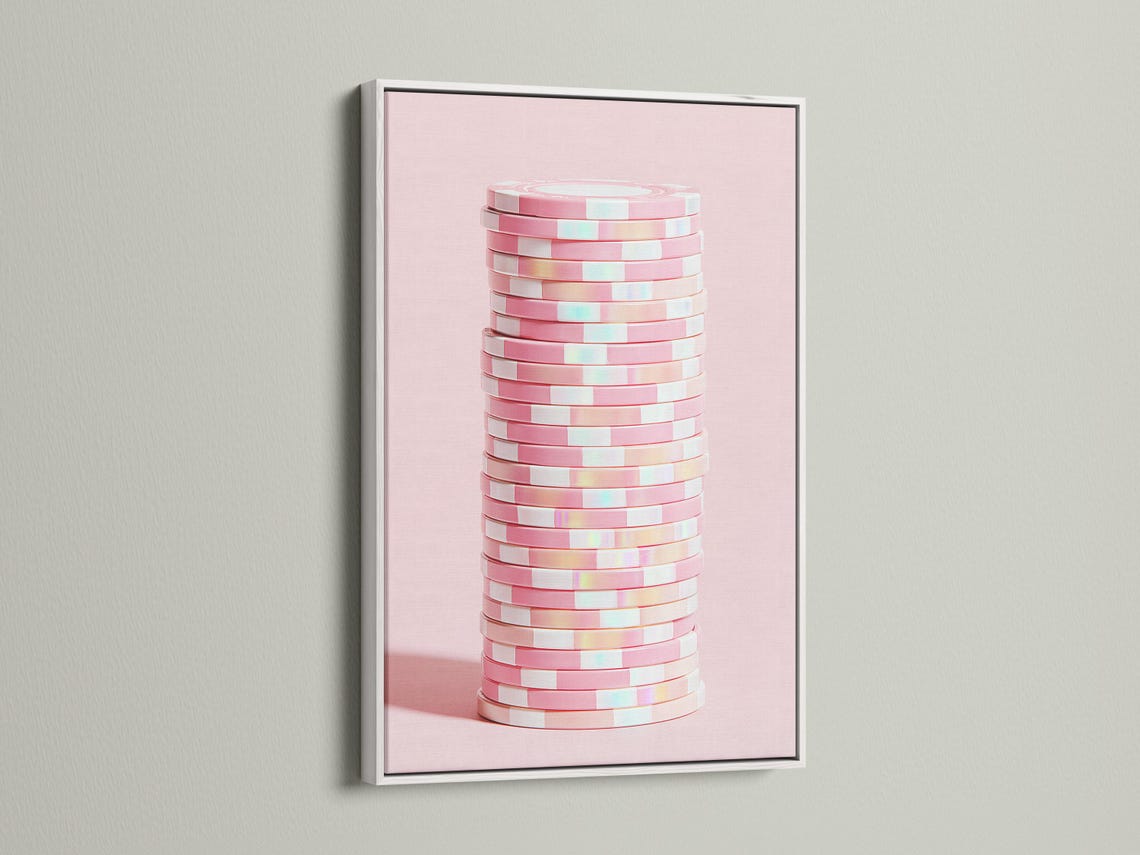 Pastel pink abstract artwork showing stacked disc shapes with subtle iridescent highlights detail view