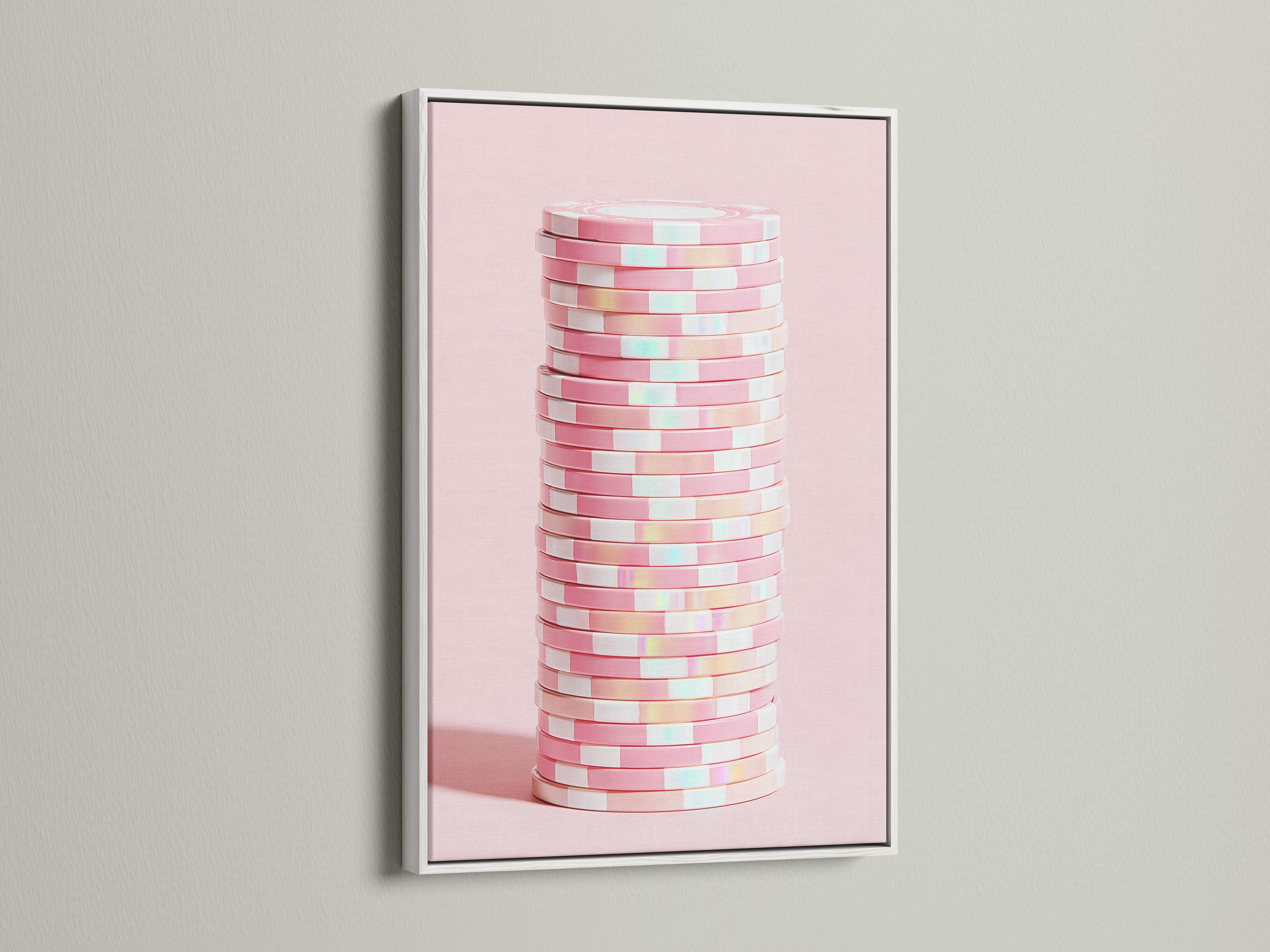 Pastel pink abstract artwork showing stacked disc shapes with subtle iridescent highlights detail view