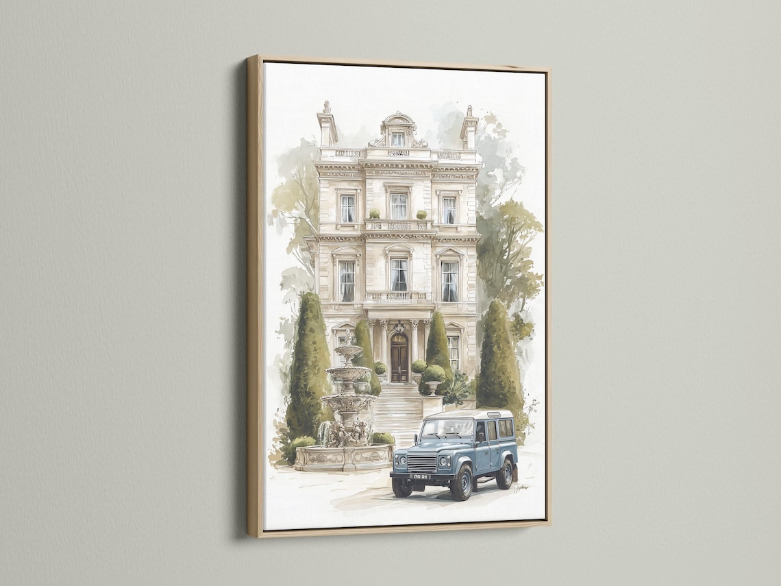 Room mockup showing a framed manor house artwork with trees and a blue vintage car