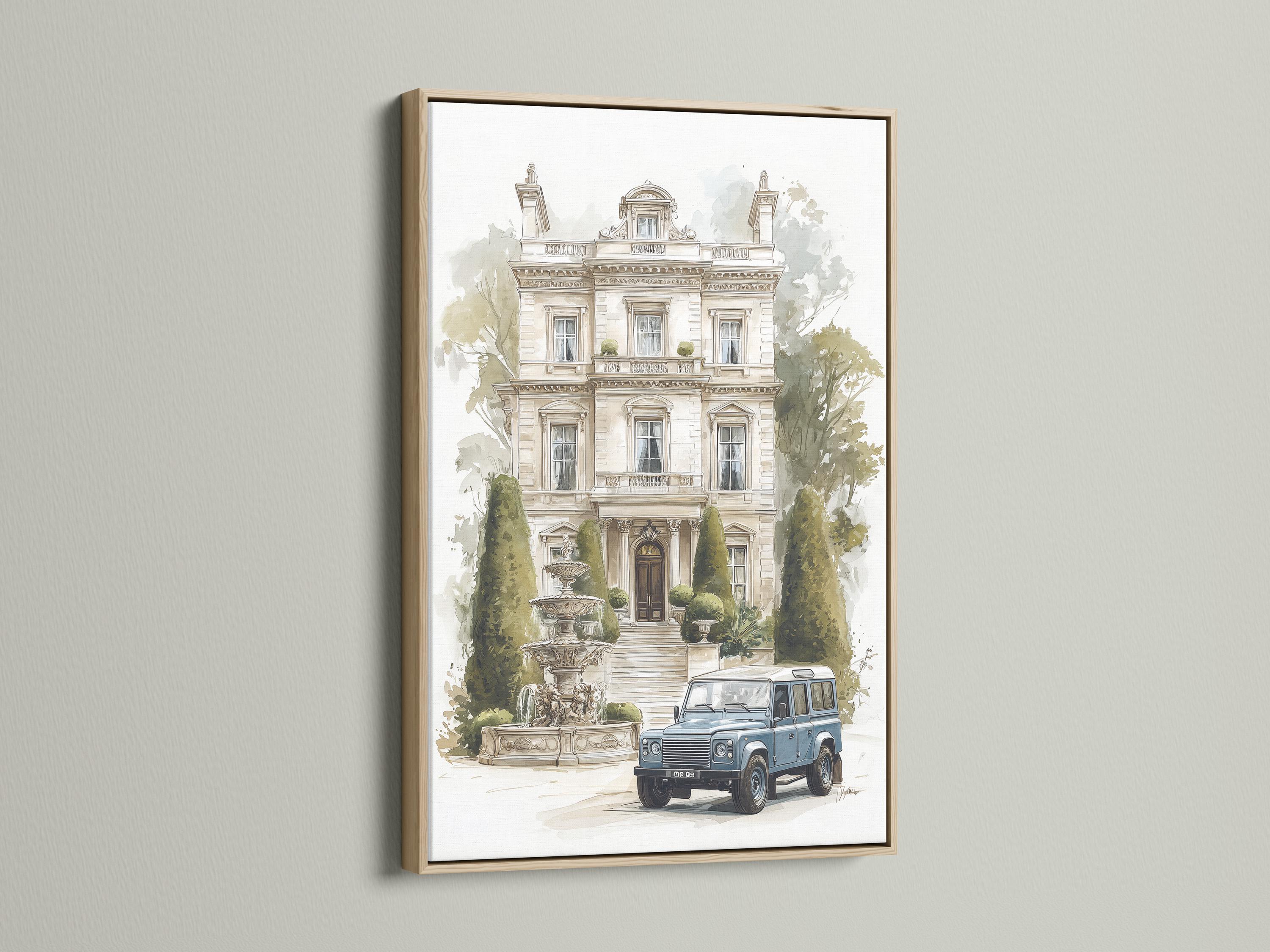 Room mockup showing a framed manor house artwork with trees and a blue vintage car