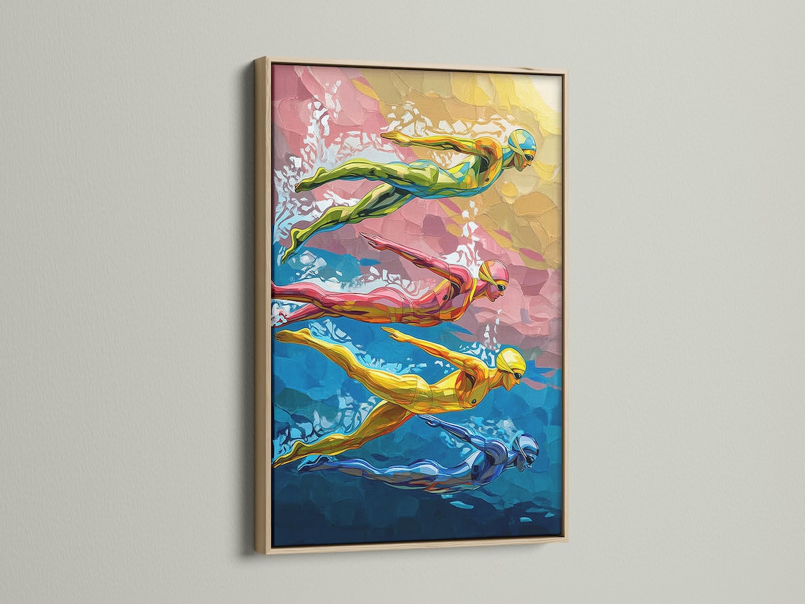 Room mockup showing a framed swimmer artwork on a light wall