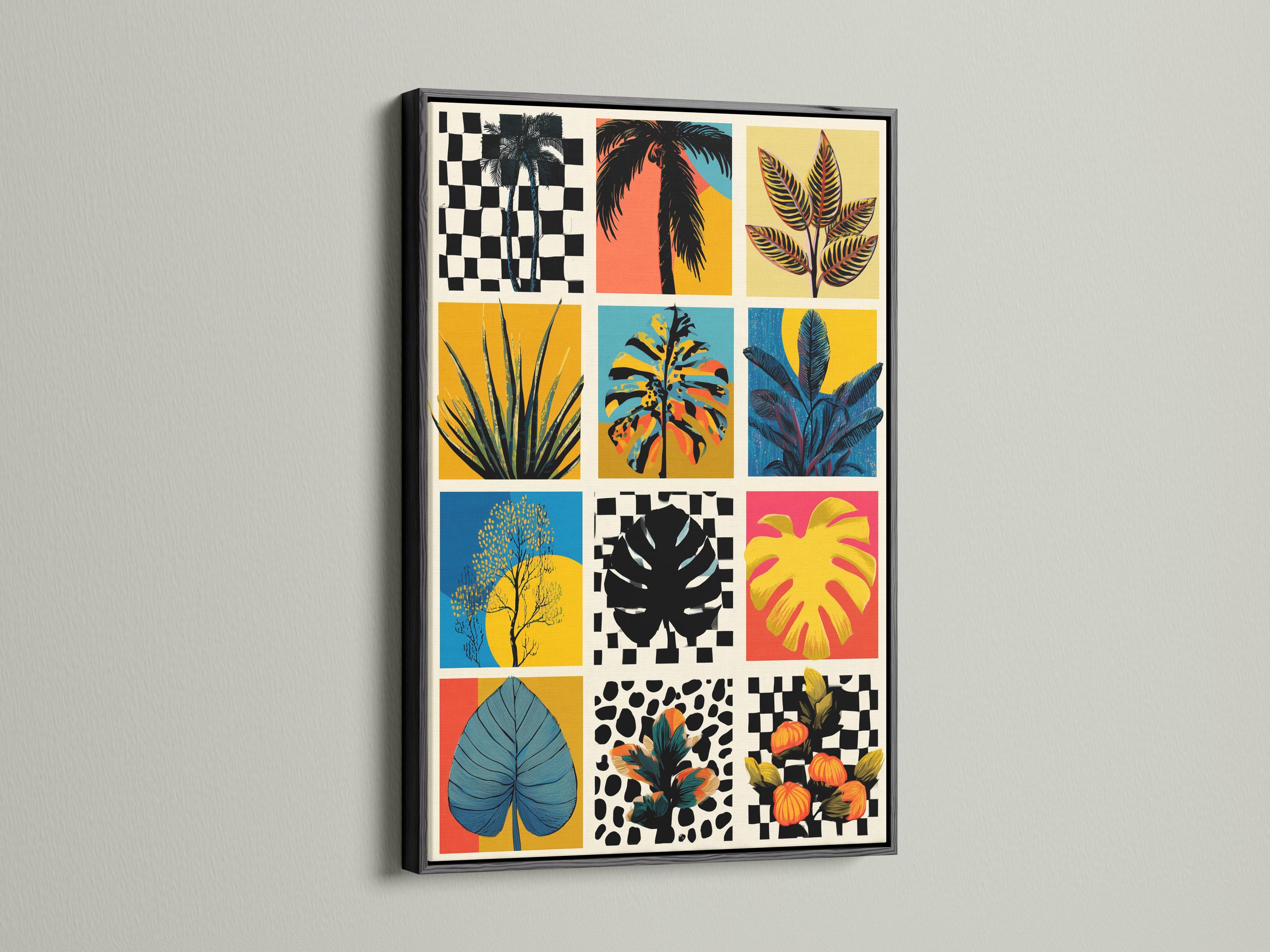 Retro tropical botanical collage on a framed grid, shown in a room mockup with extra artwork