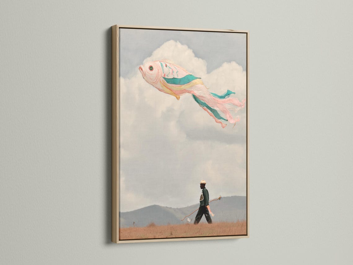 Mockup of a framed artwork showing a surreal flying fish in the sky