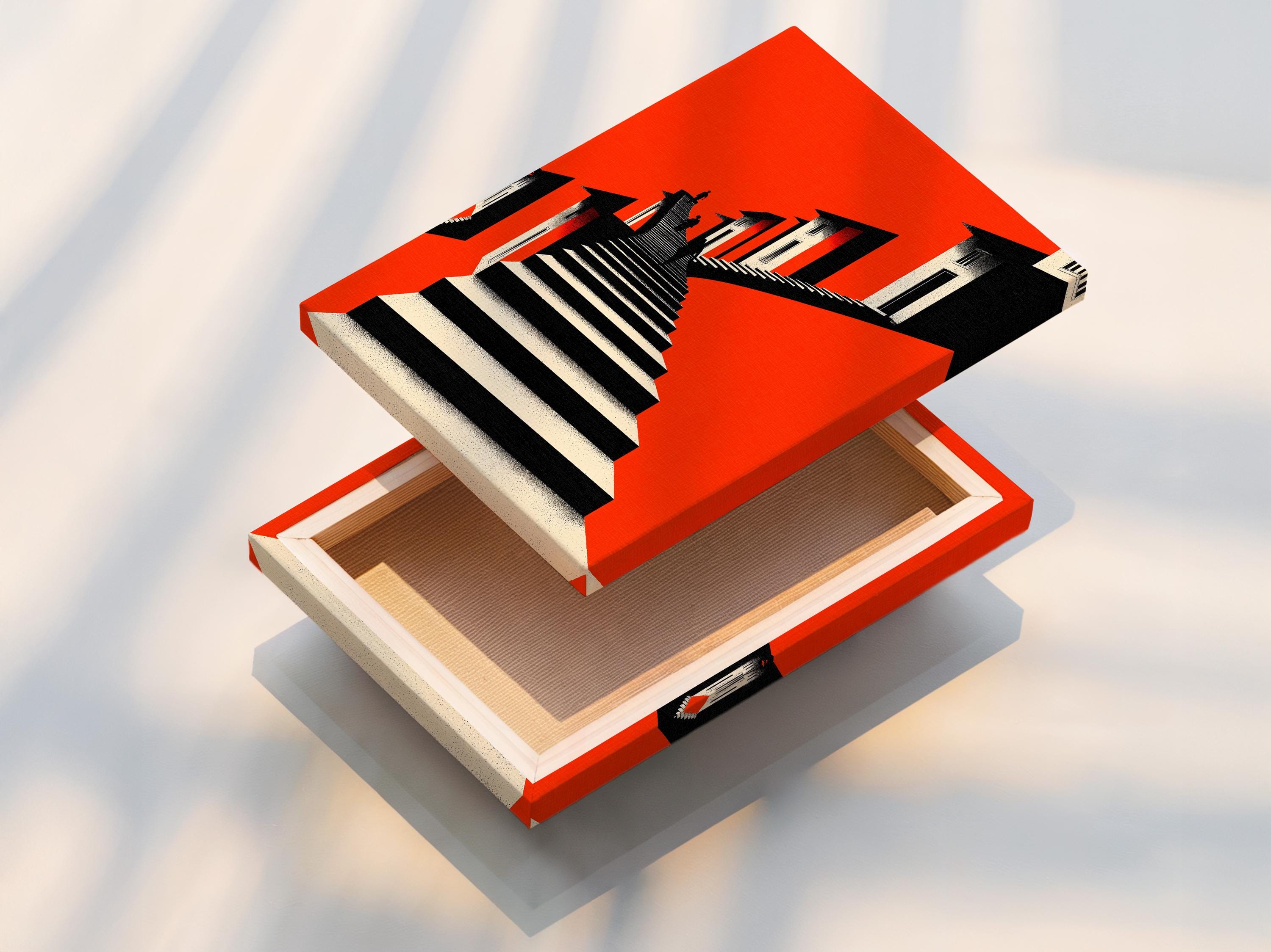 Room mockup showing a red and black geometric staircase artwork with inset views