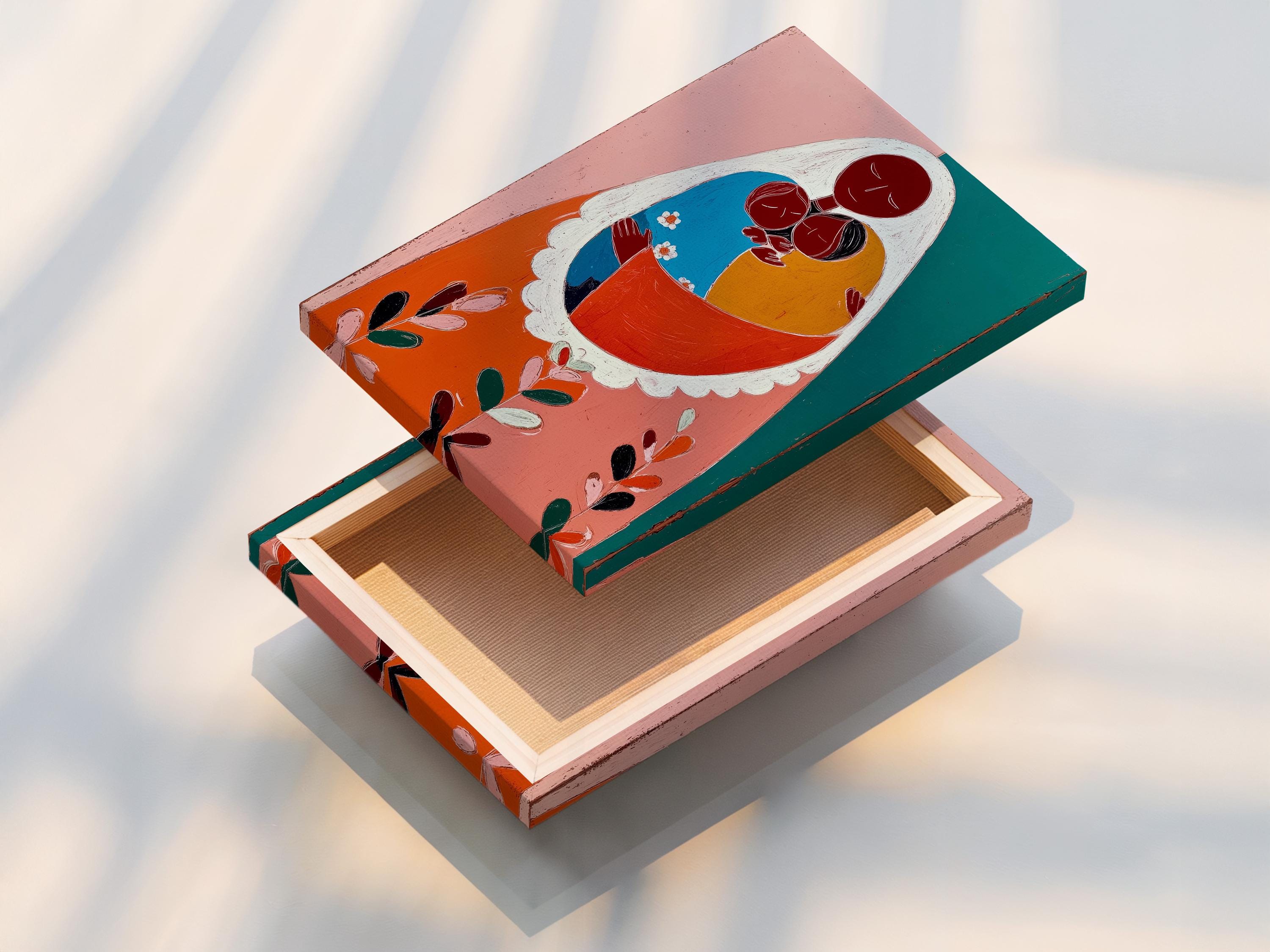 Framed mother and child portrait artwork in pink and teal colours in a mockup scene