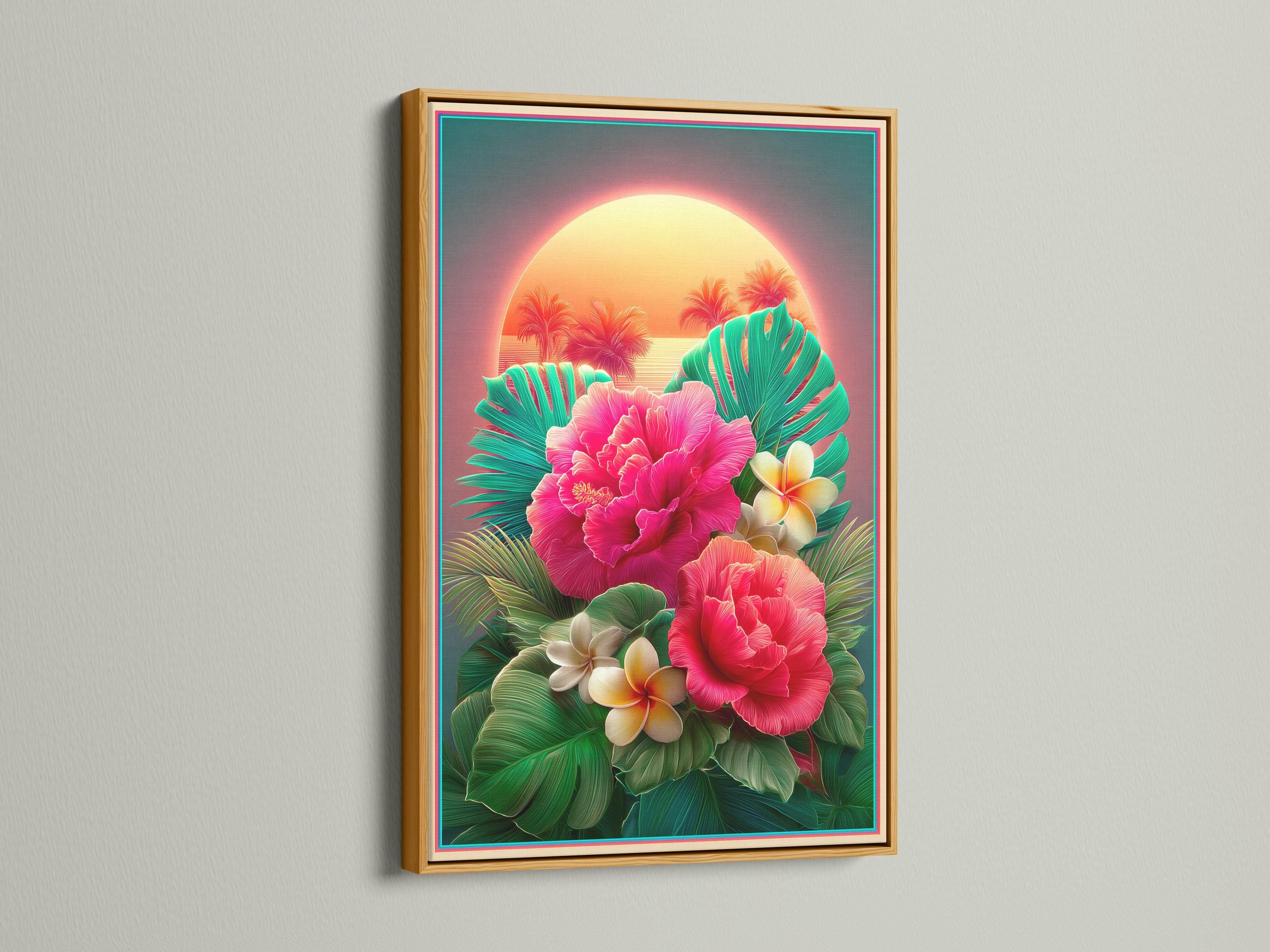 Tropical floral artwork with pink hibiscus flowers, teal palm leaves and a glowing sunset halo detail view