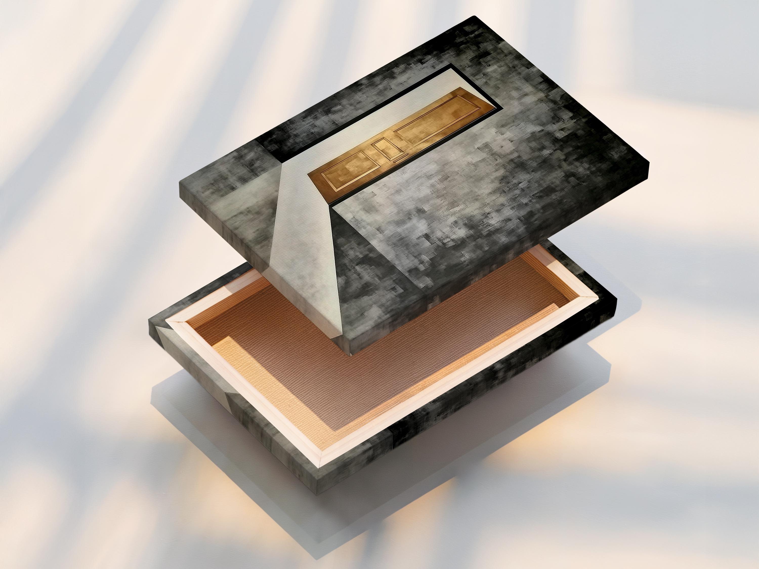 Abstract doorway with warm gold glow in a textured charcoal and grey corridor scene detail view