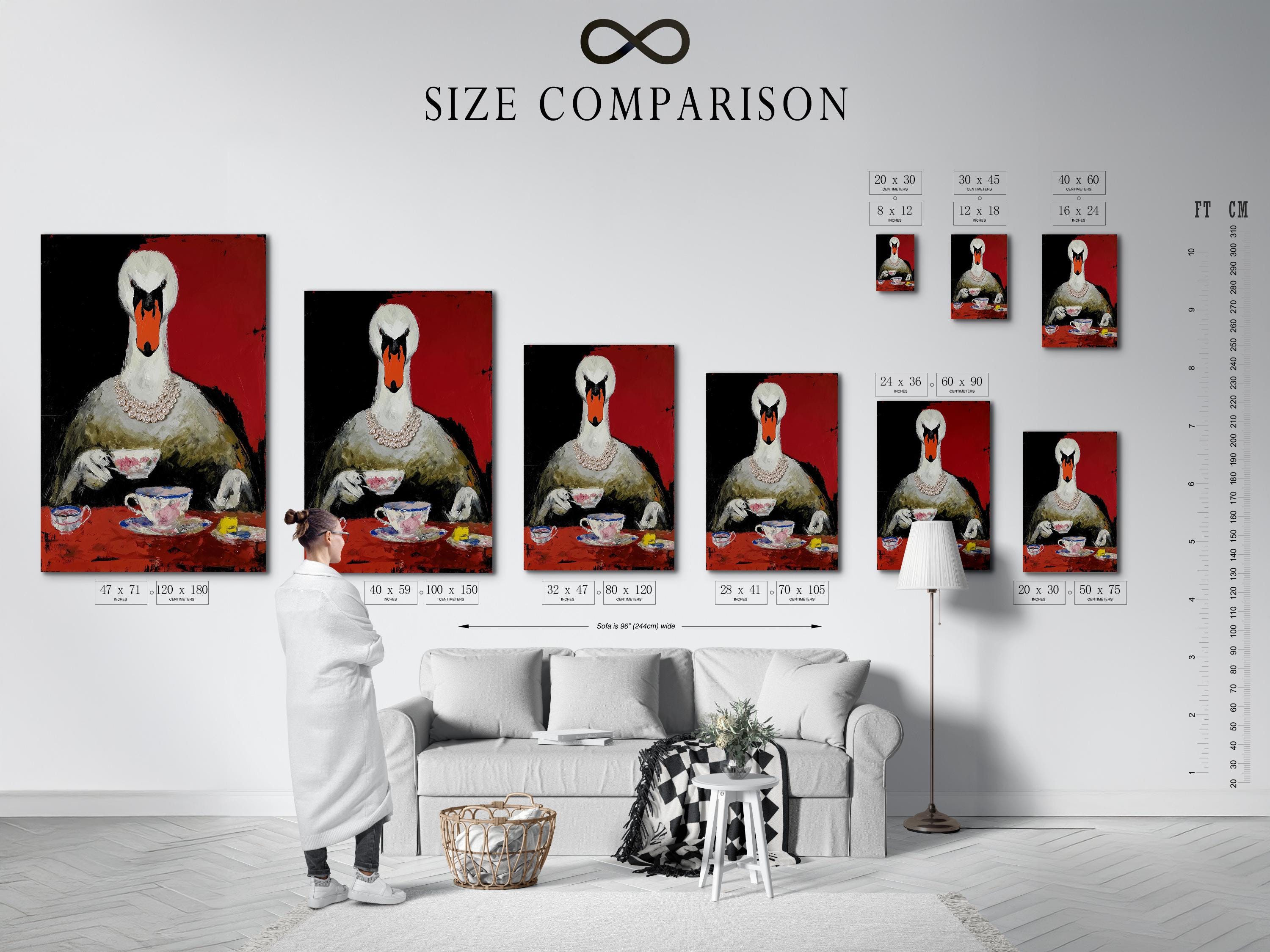 Stylised swan portrait in red and black with a pearl-like necklace detail view