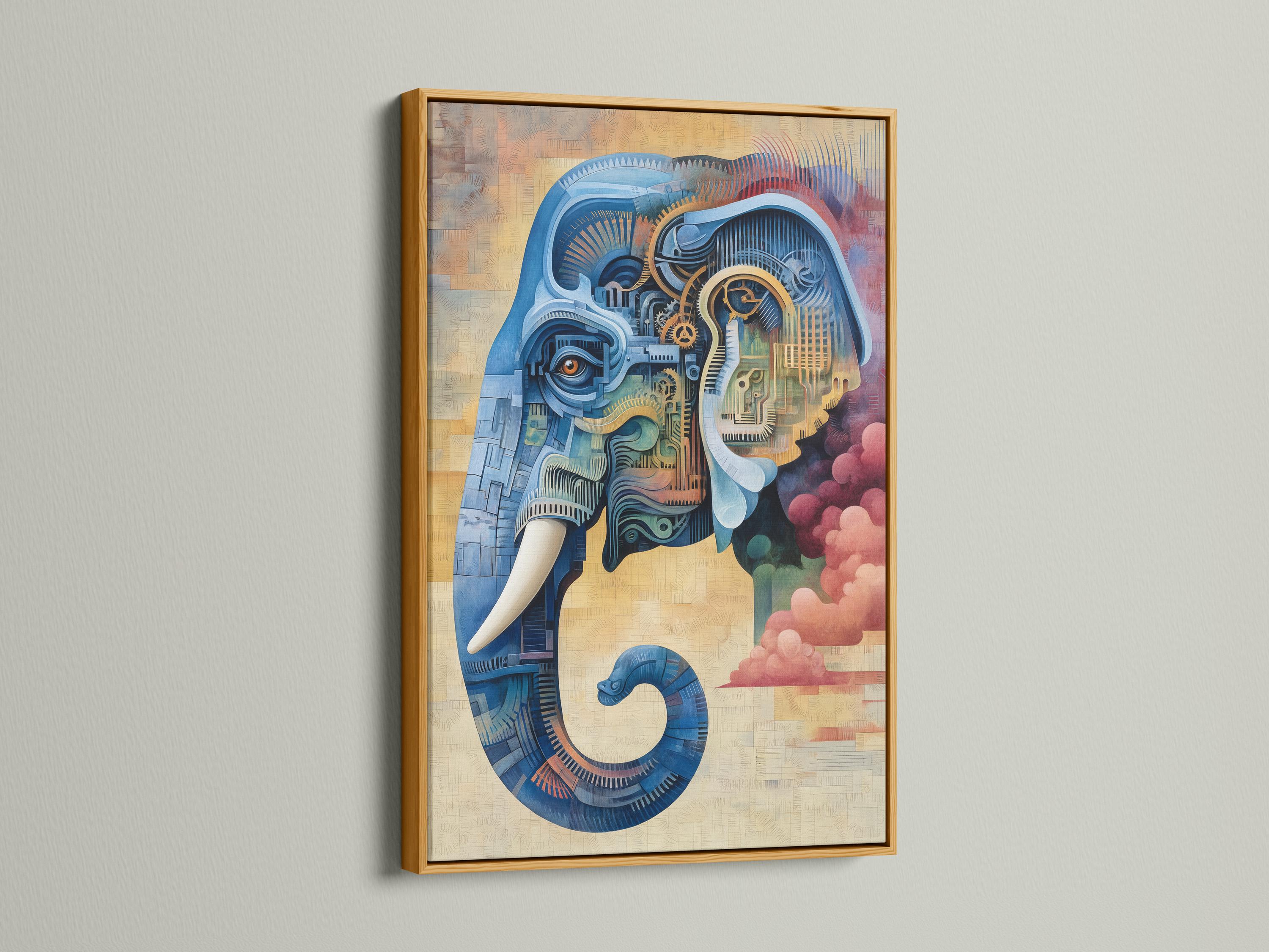 Steampunk-style elephant illustration in blue with gold gear details detail view
