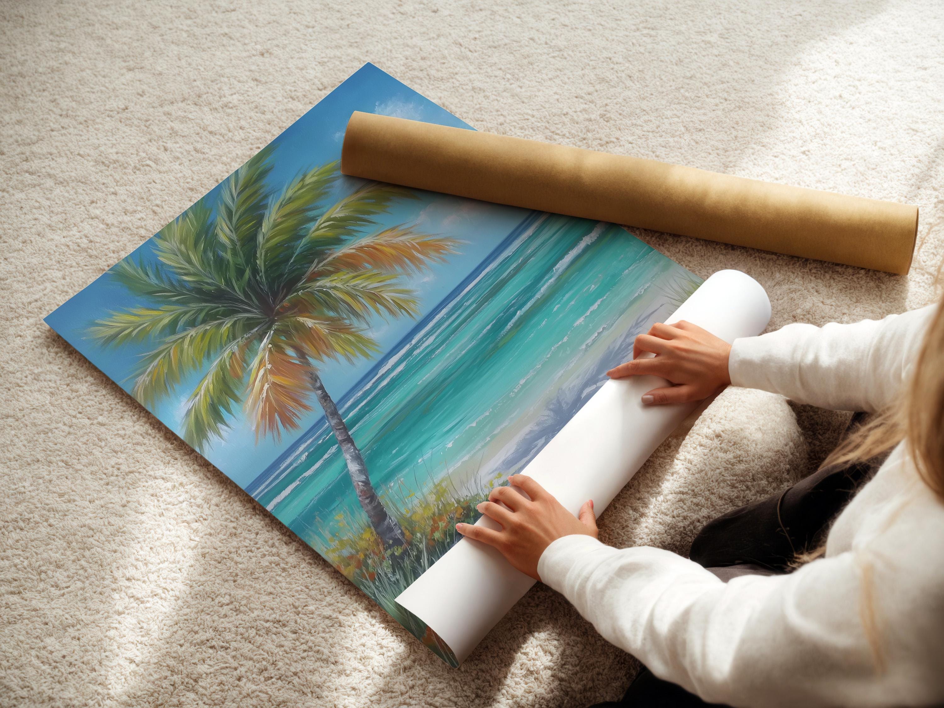 Leaning palm tree over turquoise ocean waves and sandy beach under a bright blue sky detail view