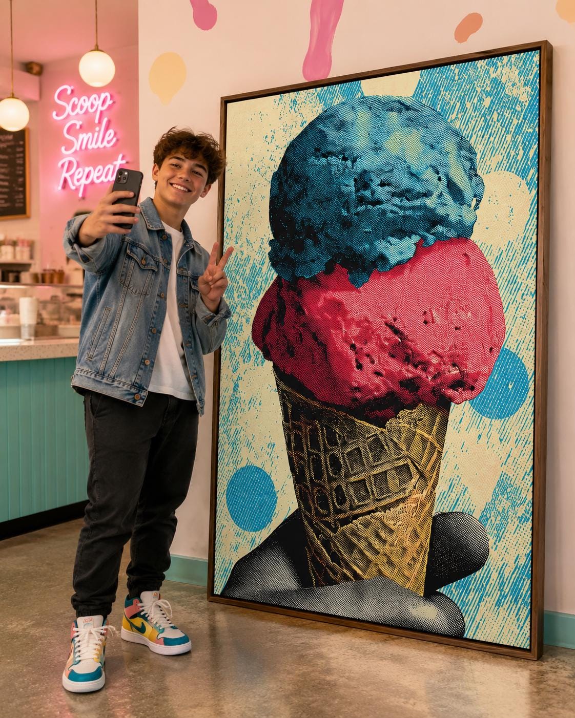 Pop-art ice cream cone illustration with turquoise and coral scoops and a patterned cone detail view