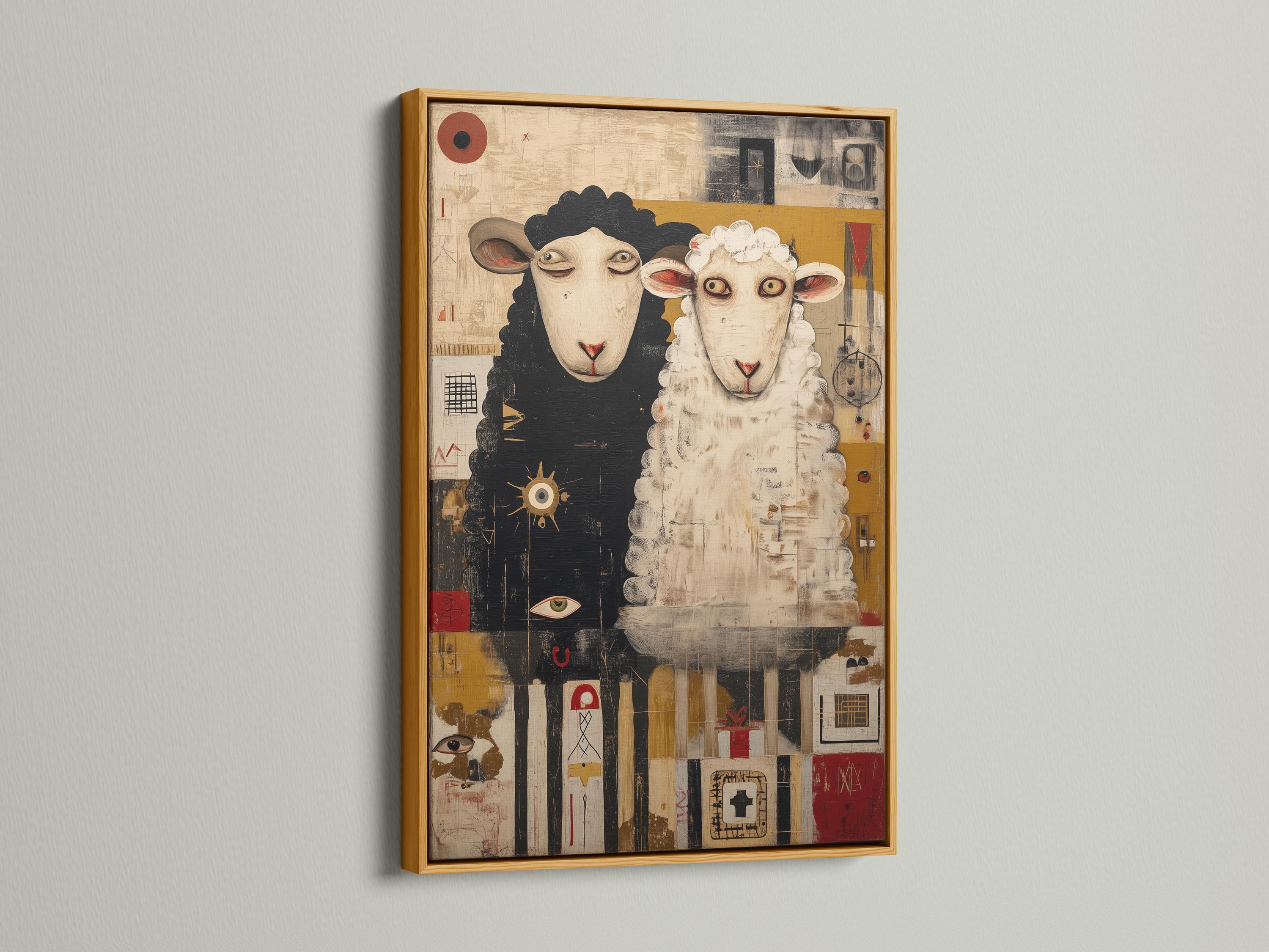 Room mockup showing a framed sheep duo artwork