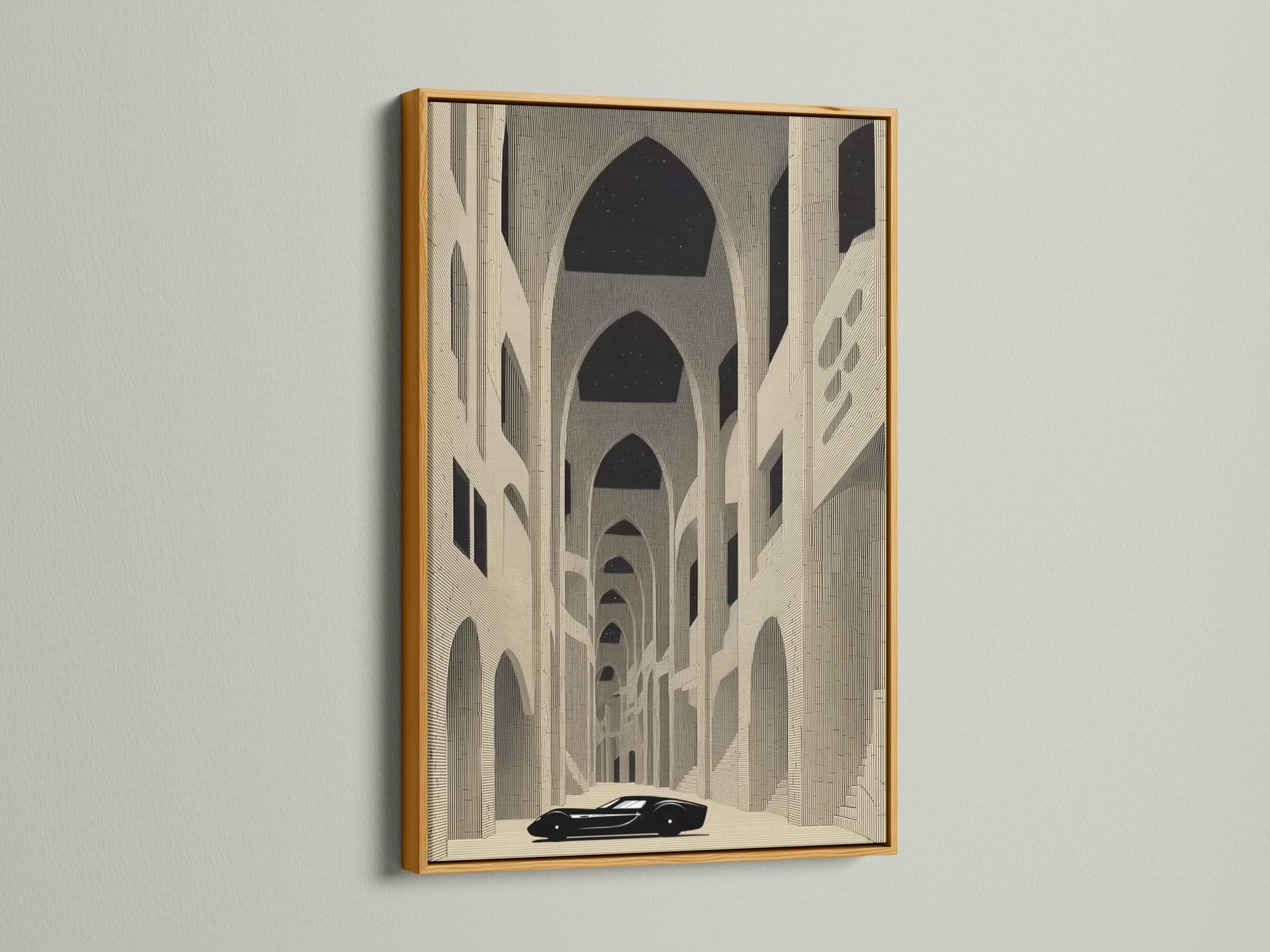 Room mockup showing a framed beige architecture artwork with arches and a dark car silhouette