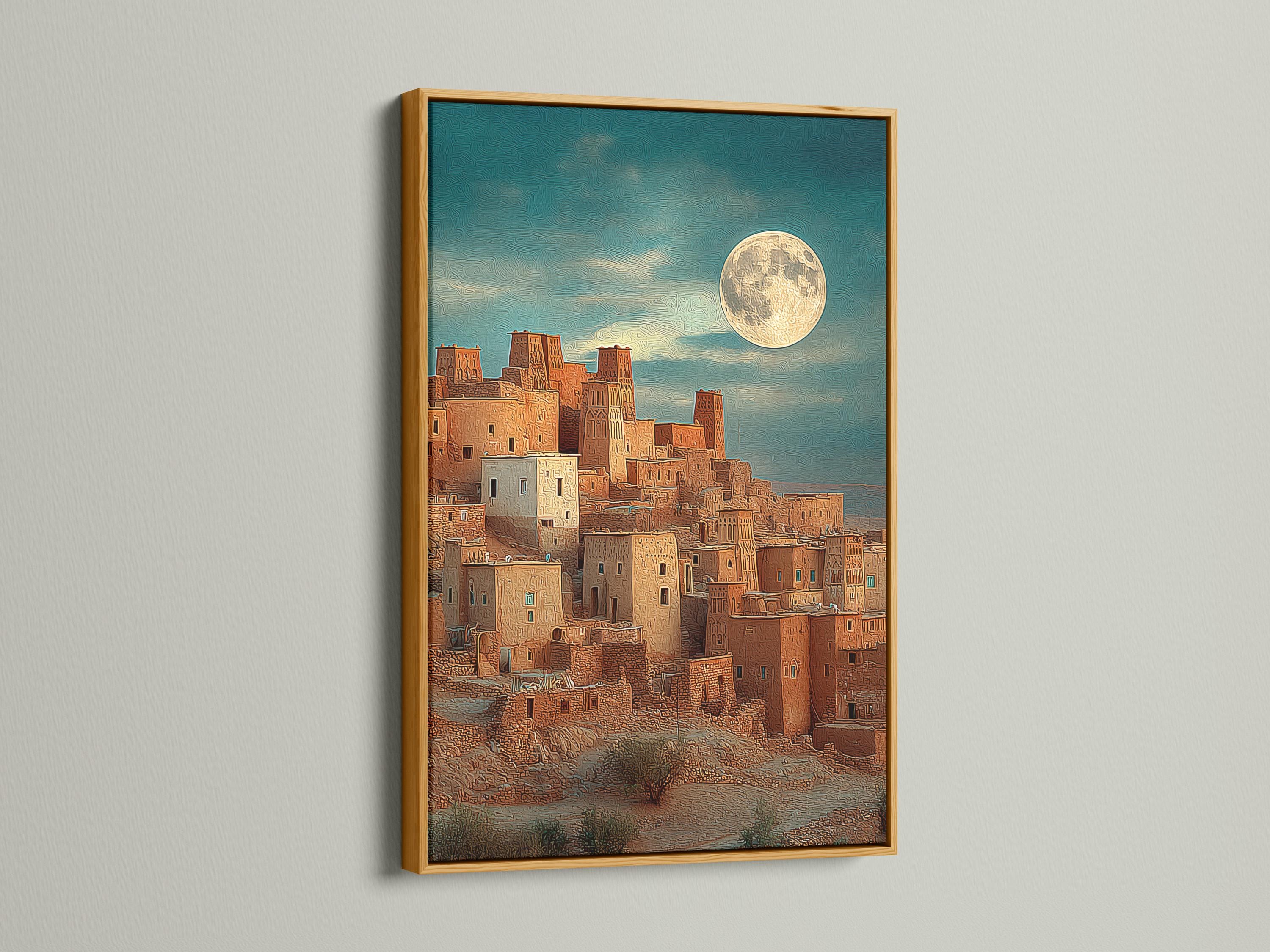 Moonlit desert village with warm buildings and a glowing full moon in a textured teal sky detail view