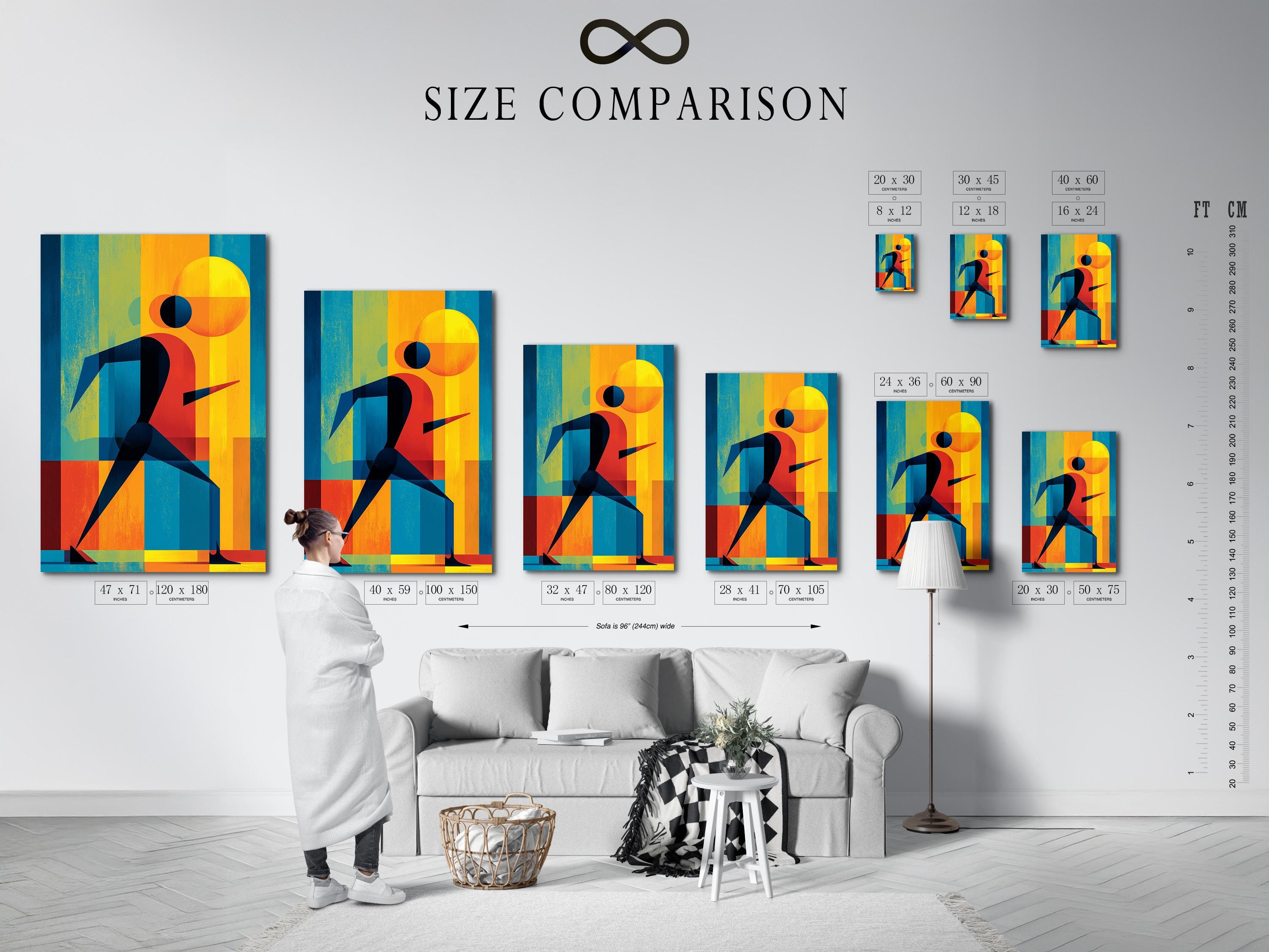 Geometric runner figure in red, blue, teal and yellow with a sun-like circle background detail view