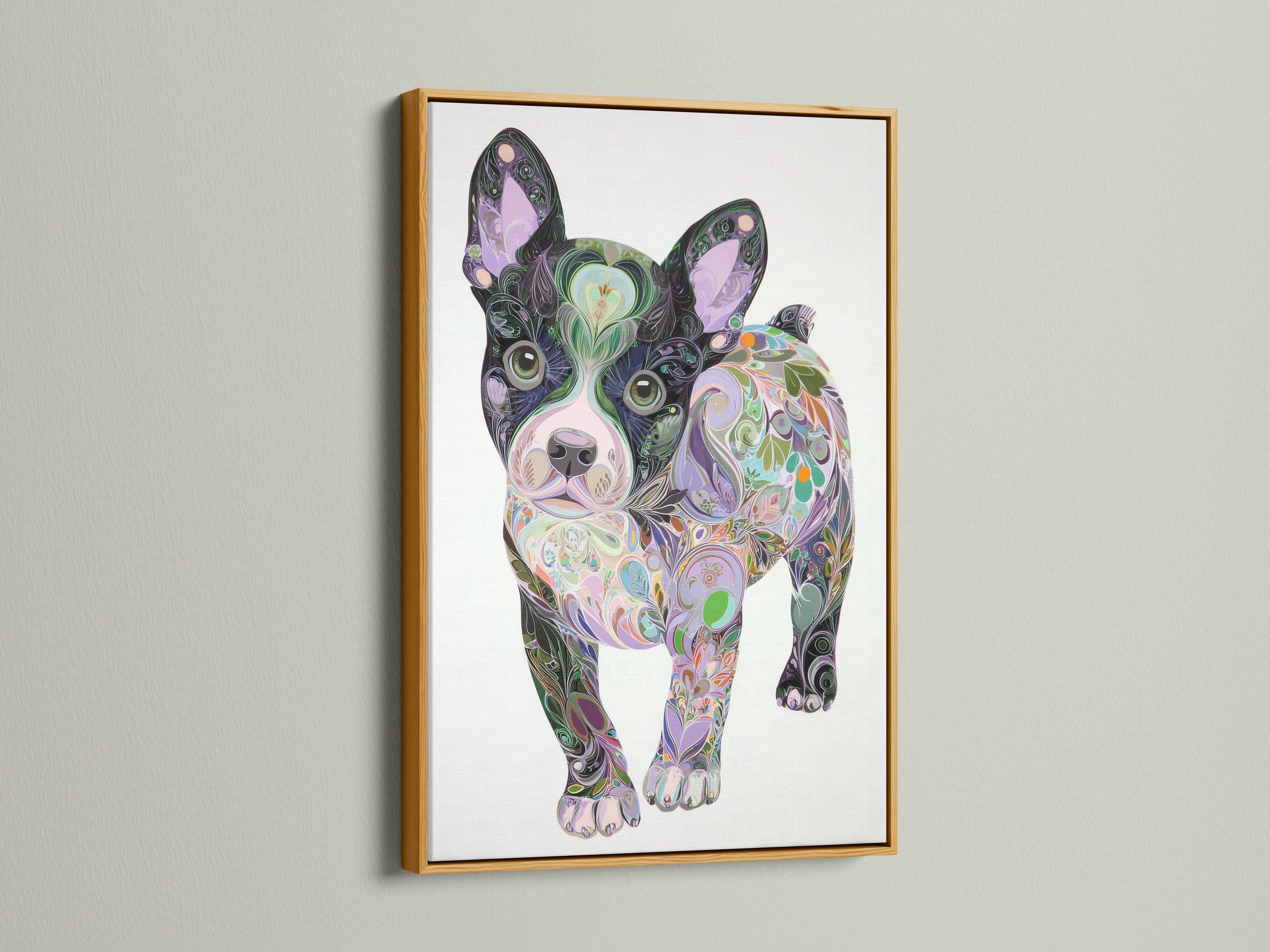 Stylised dog portrait filled with swirling floral patterns in purple, green and pink on a light background detail view