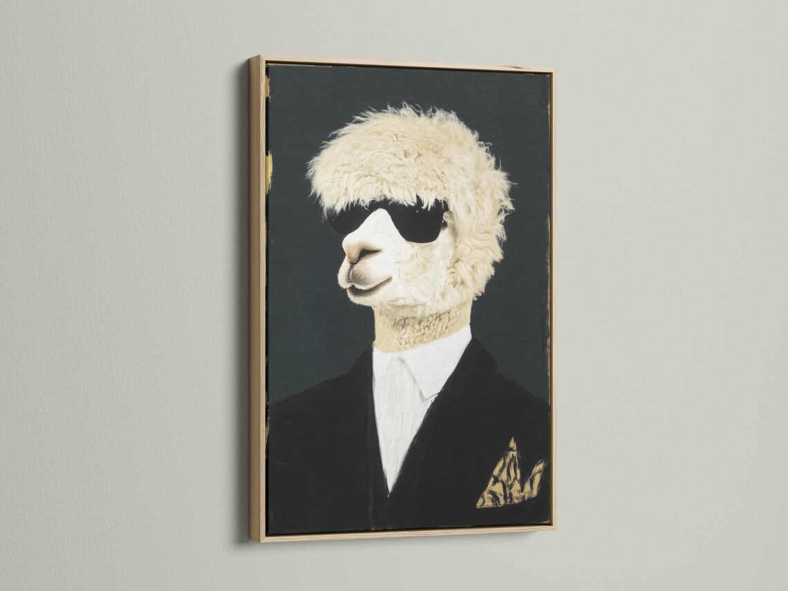 Room mockup showing a framed alpaca portrait artwork with cream fur and a dark suit