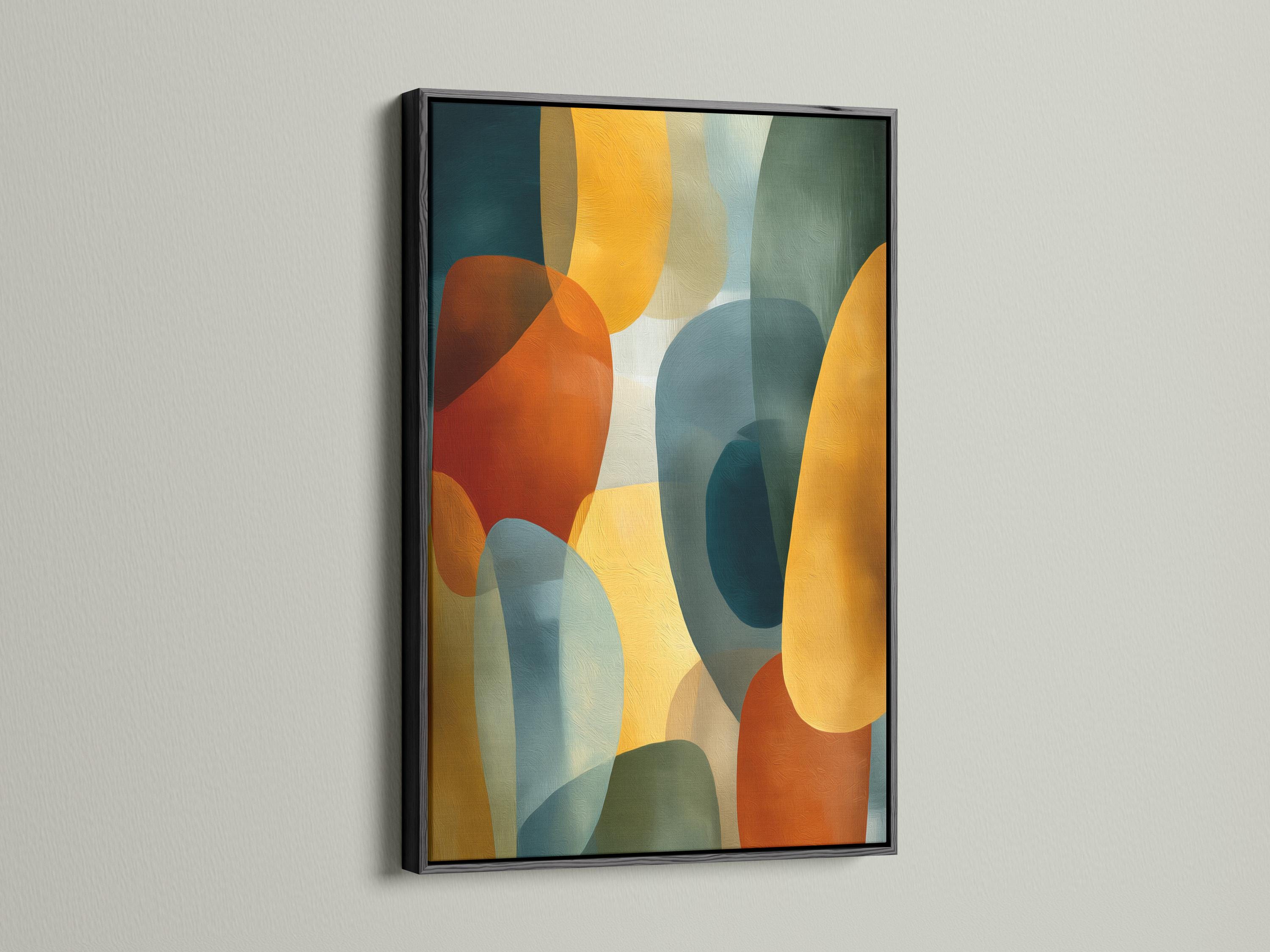 Room mockup showing a framed abstract geometric artwork with teal and mustard shapes