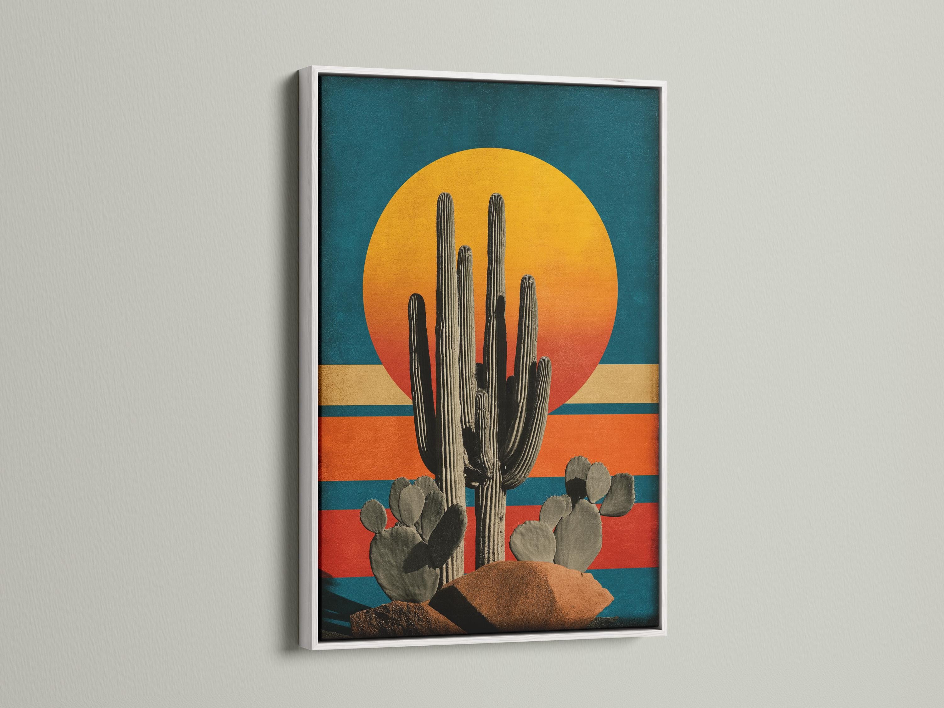 Illustration of a tall cactus with rounded pads beneath a large golden sun over teal and terracotta stripes detail view