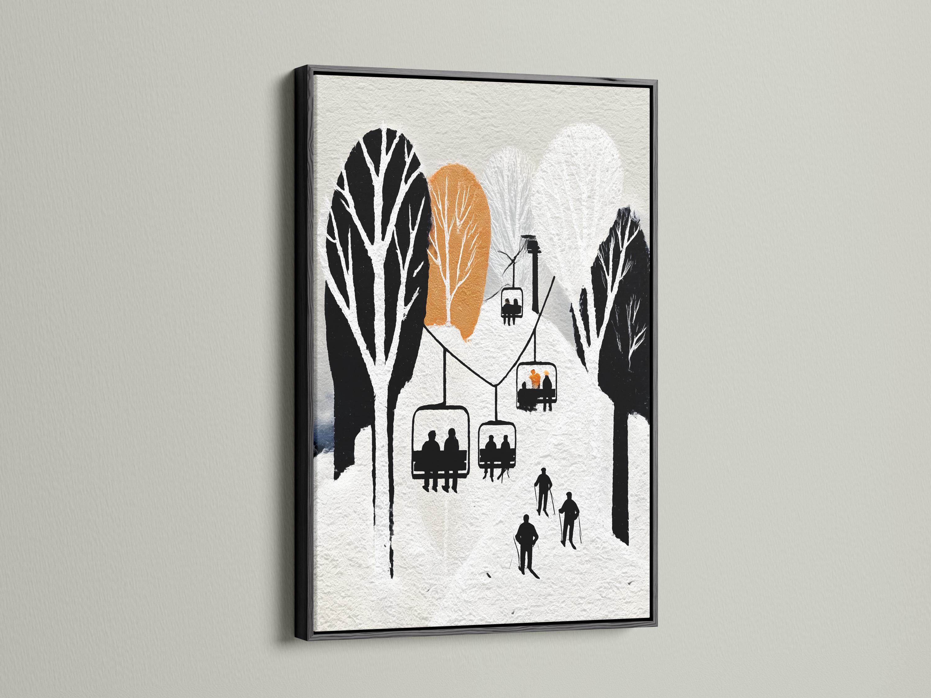 Minimalist winter ski lift scene with black silhouettes, skiers, trees and warm orange circles detail view