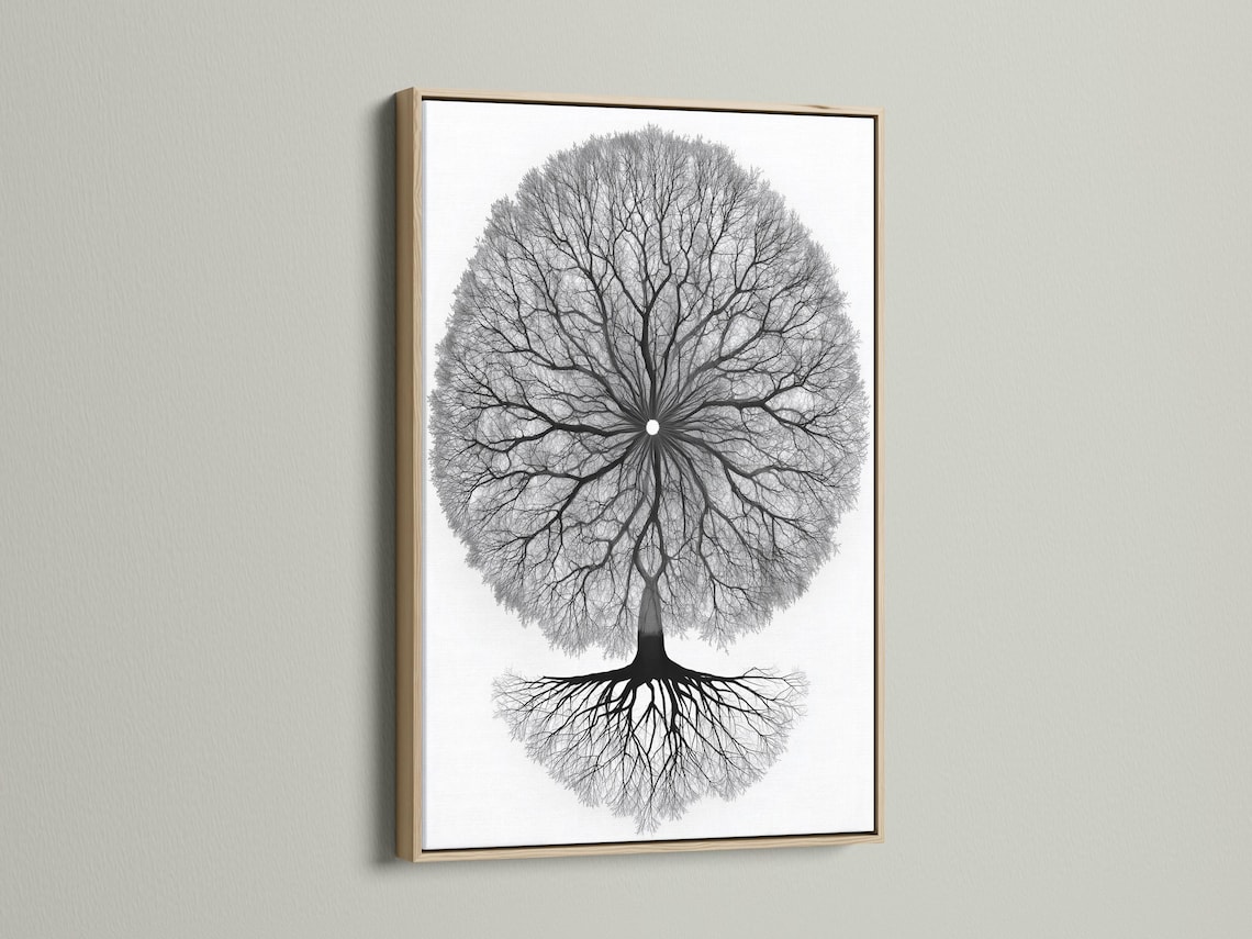 Monochrome tree of life artwork with a circular mandala-like canopy of branches and roots detail view