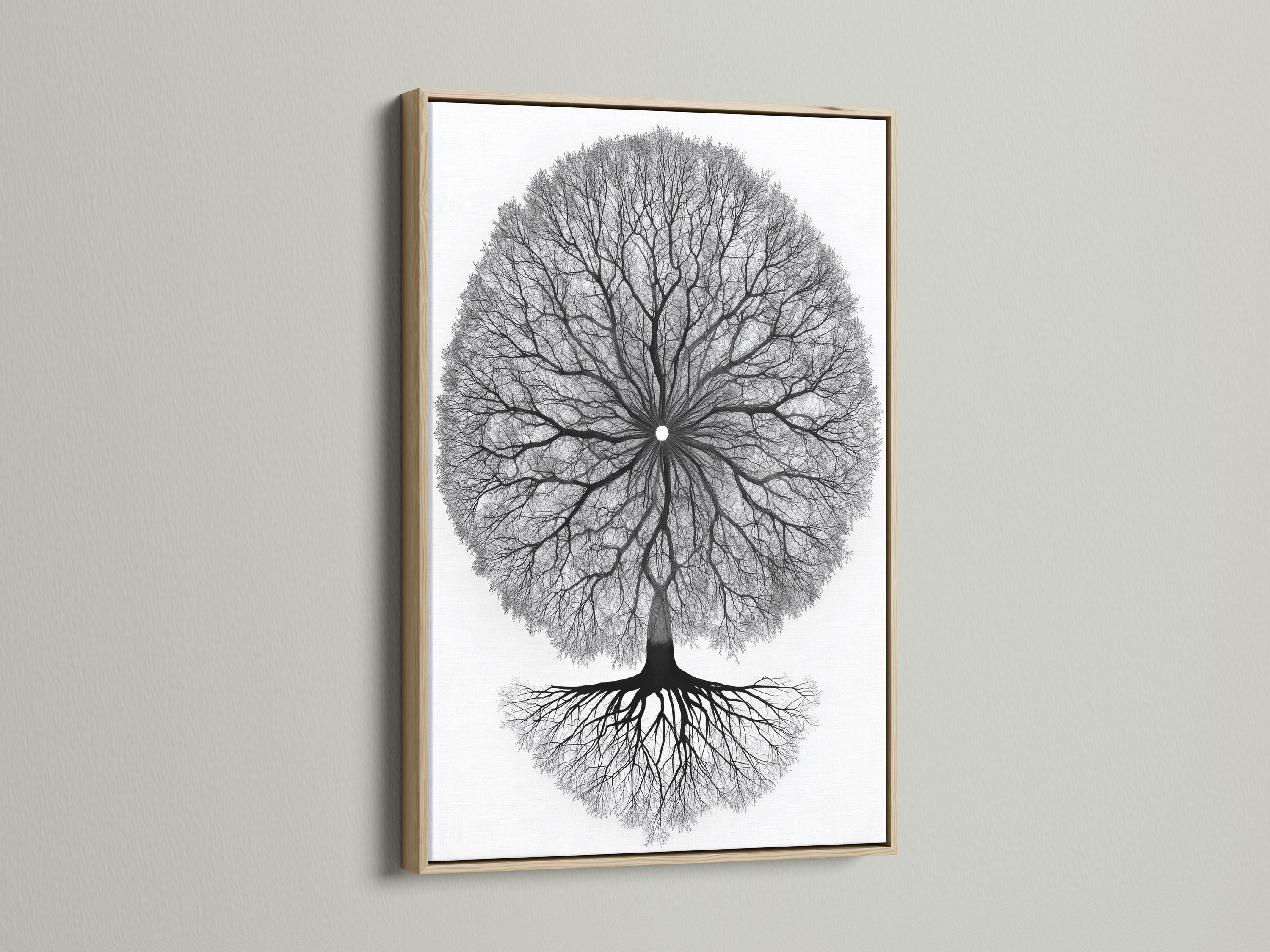Monochrome tree of life artwork with a circular mandala-like canopy of branches and roots detail view