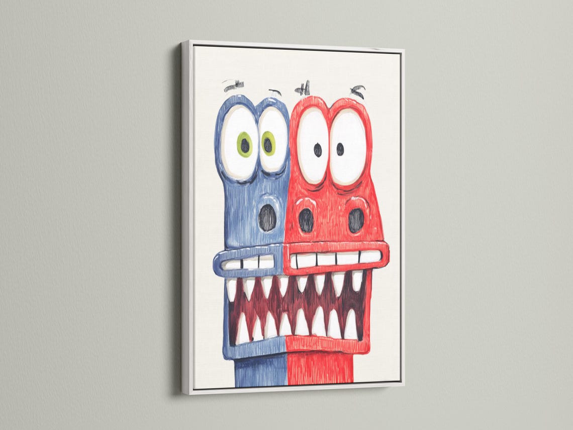 Red and blue cartoon monster with big eyes and a toothy grin on a pale background detail view