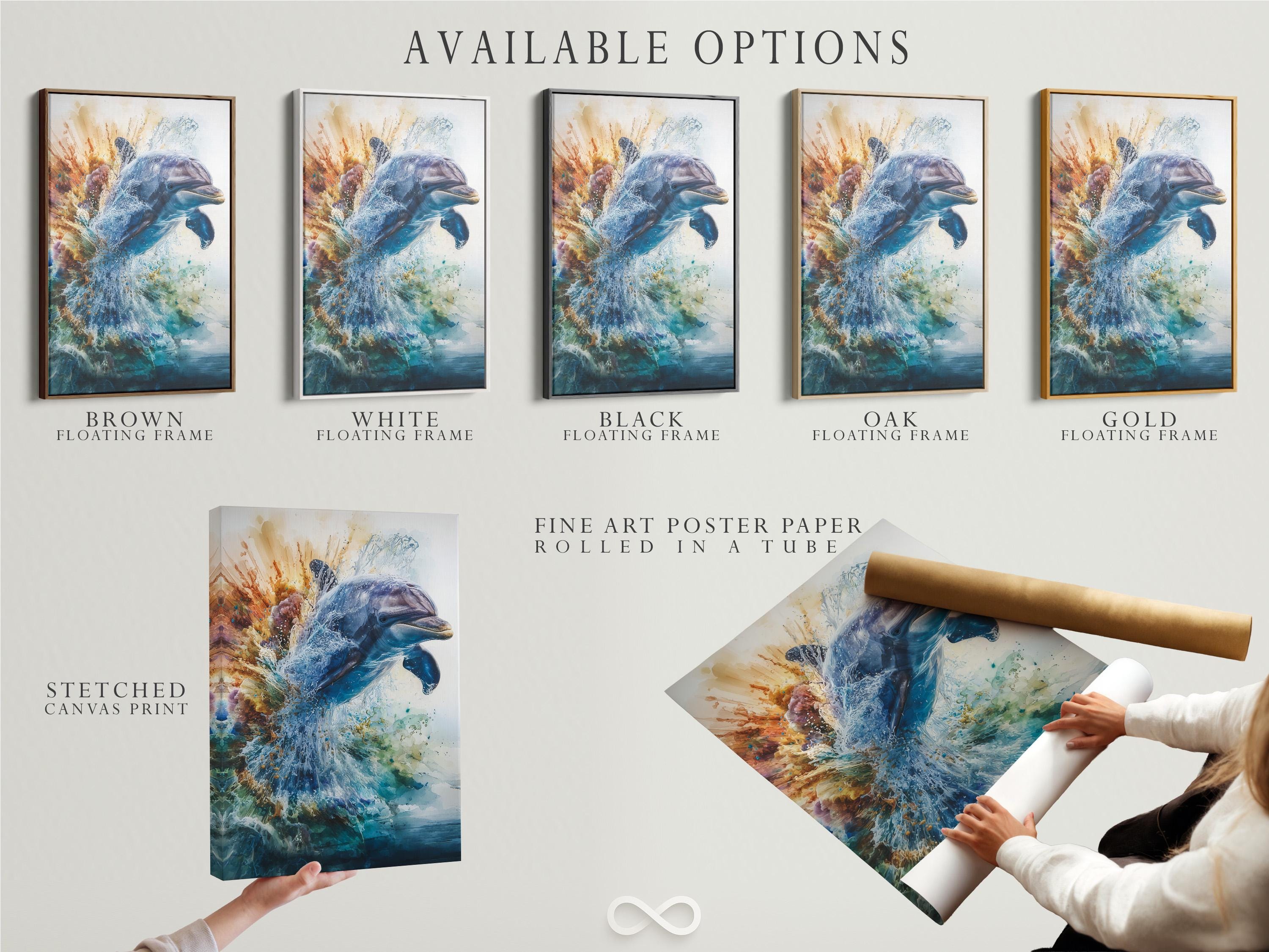 Framed ocean dolphin splash artwork on a wall with other frame options