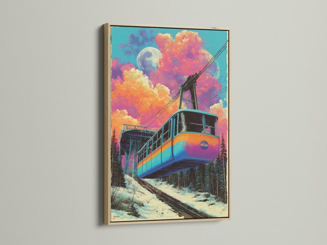 Retro stylised train on snowy tracks under a large moon and colourful night clouds detail view