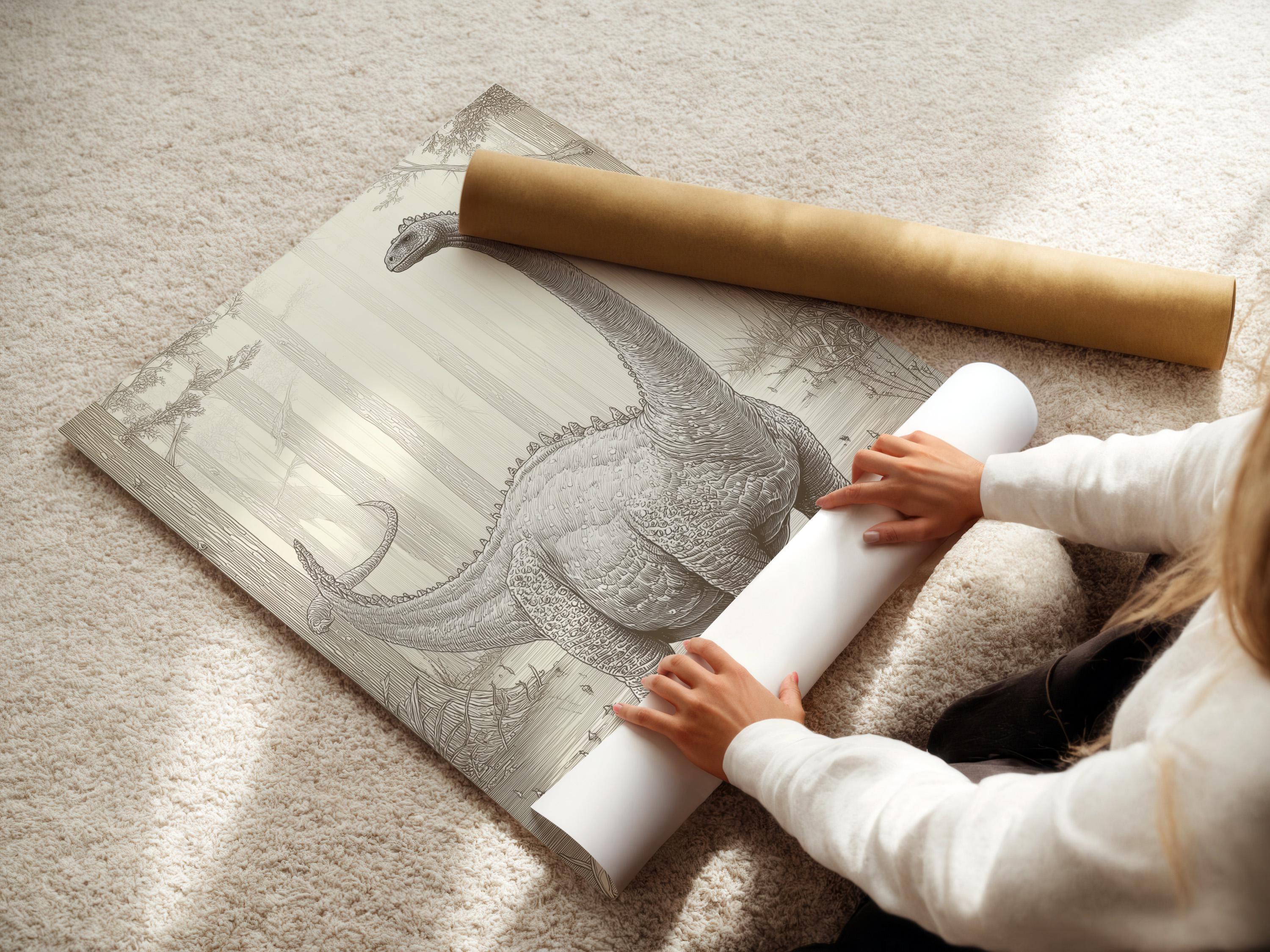 Neutral brontosaurus dinosaur sketch with a forest background in beige and charcoal grey linework detail view