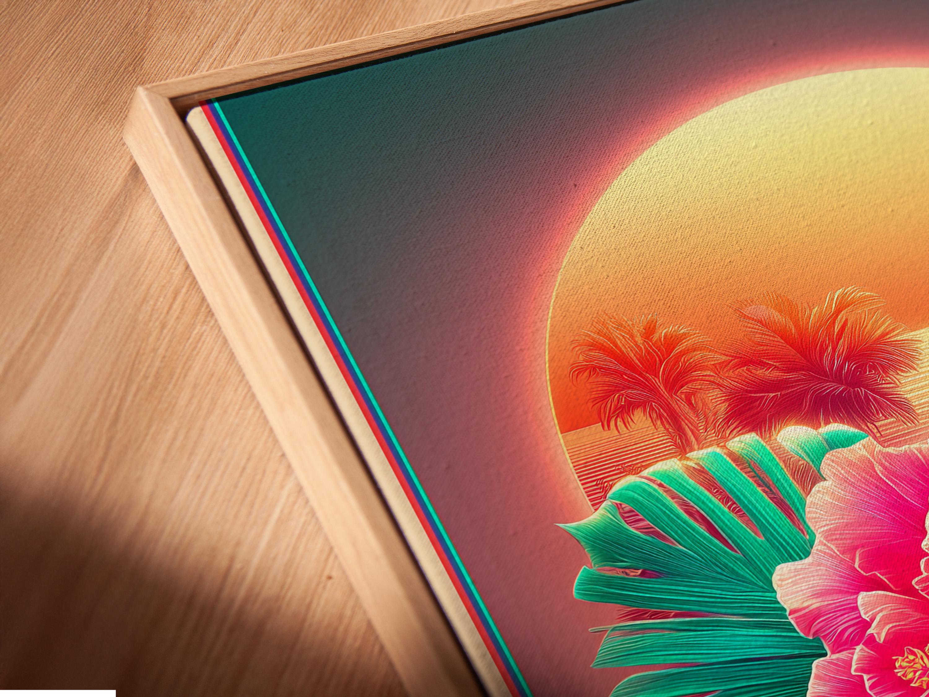 Tropical floral artwork with pink hibiscus flowers, teal palm leaves and a glowing sunset halo detail view