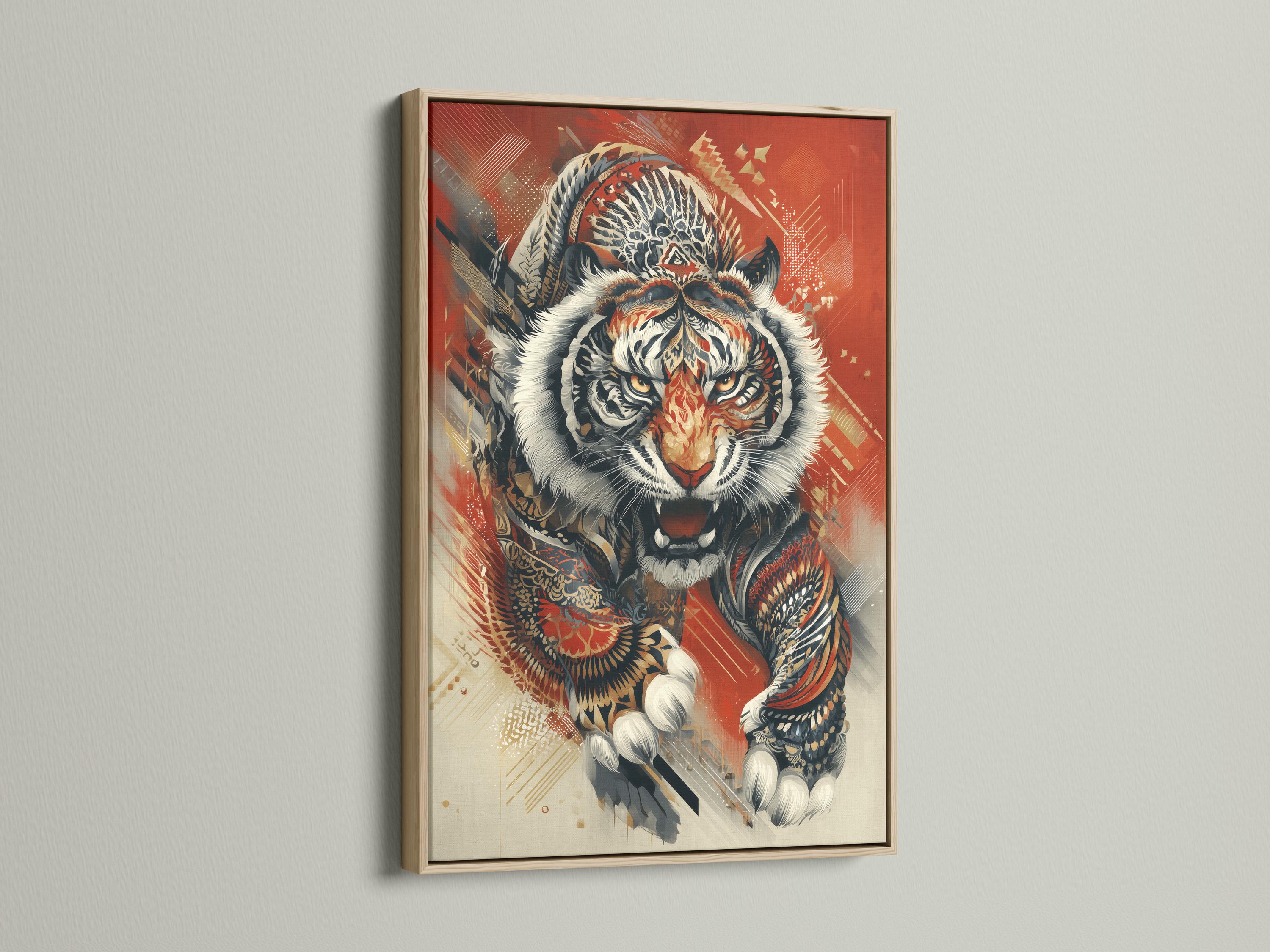 Roaring tiger wall artwork shown with wall mounting options and frame mockups on a light background