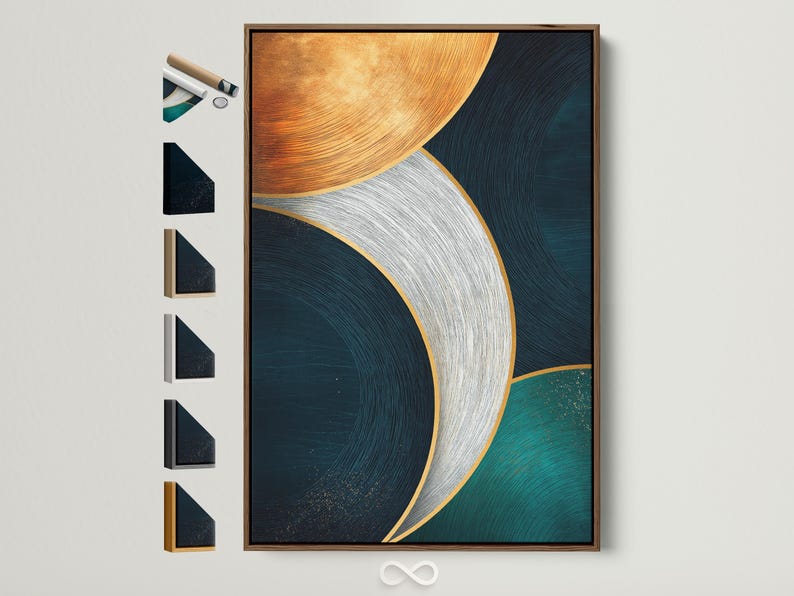 Abstract geometric artwork with teal and navy curved circles and gold outlines