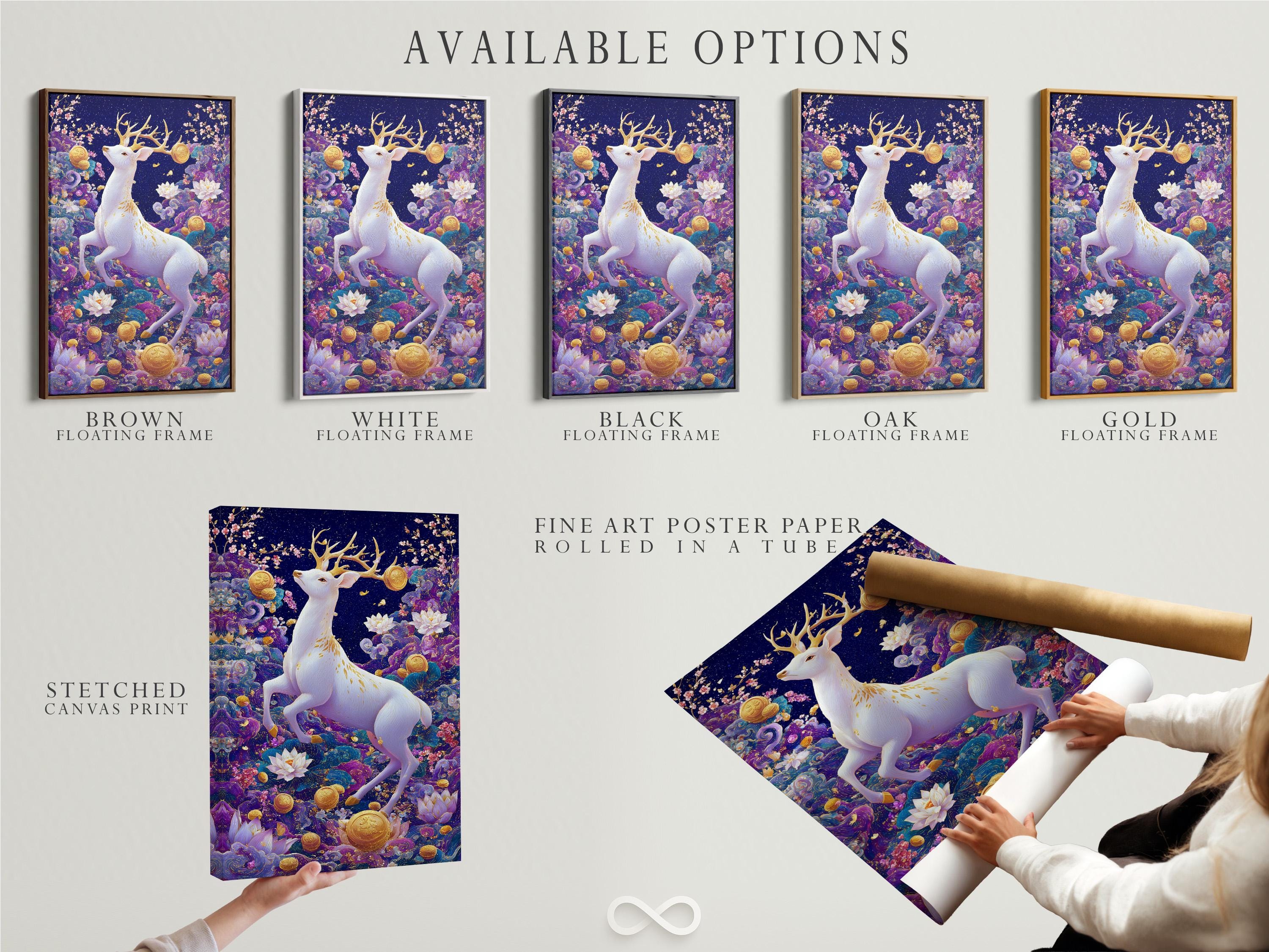 White deer with branching antlers in a navy and purple fantasy scene with lotus flowers and gold coins detail view