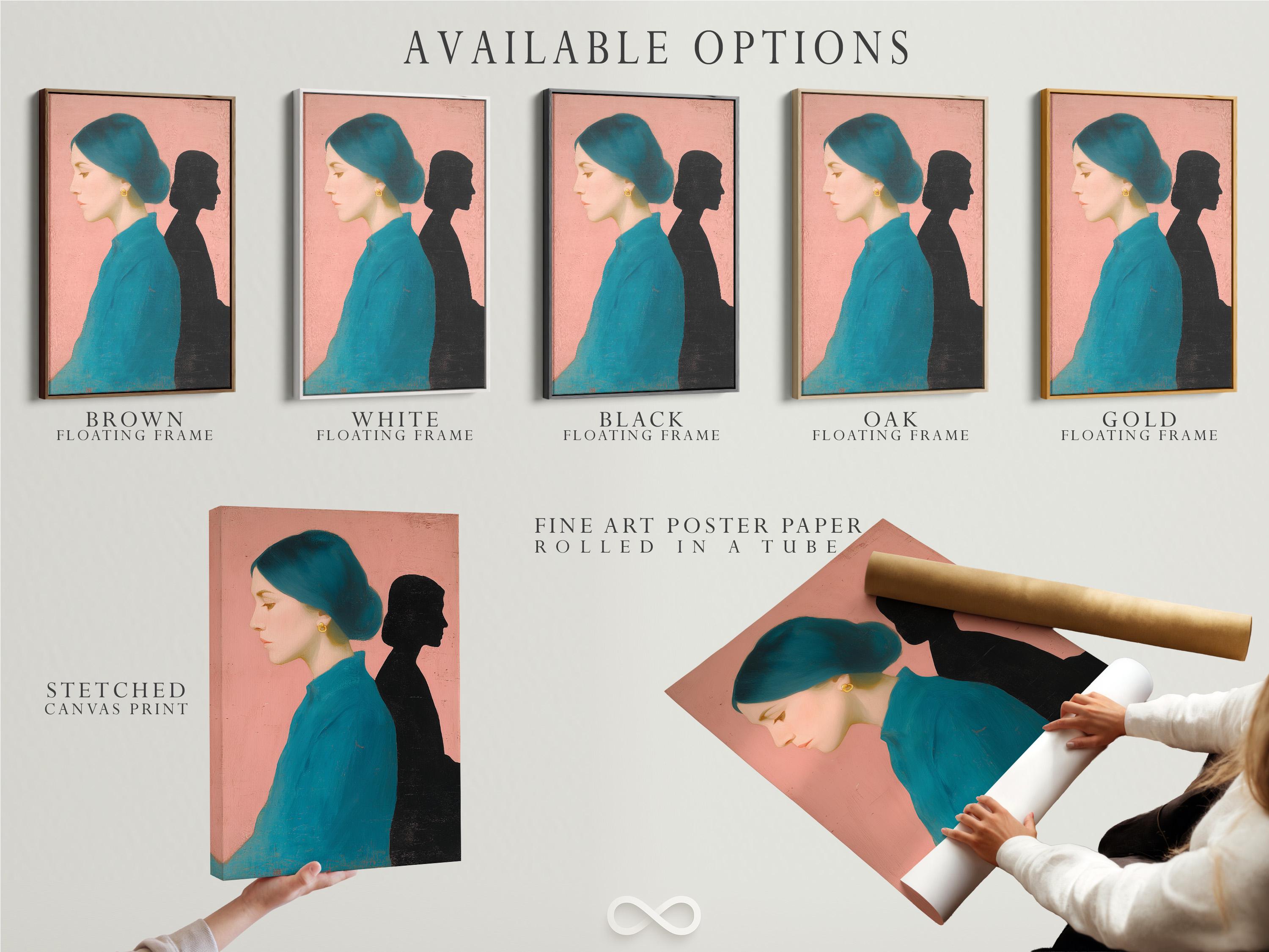 Wall mockup showing a teal and black dual portrait artwork with gold earring accents