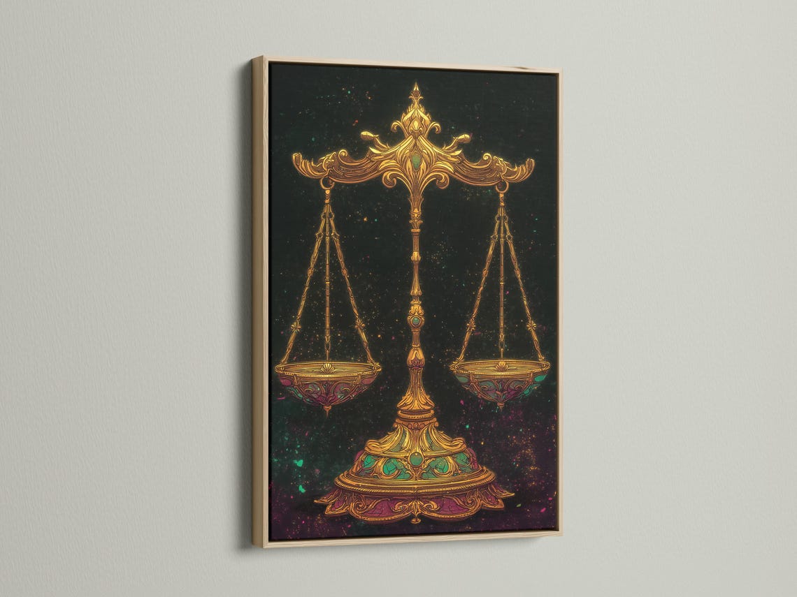 Ornate gold balance scales with emerald-green accents on a dark starry background detail view