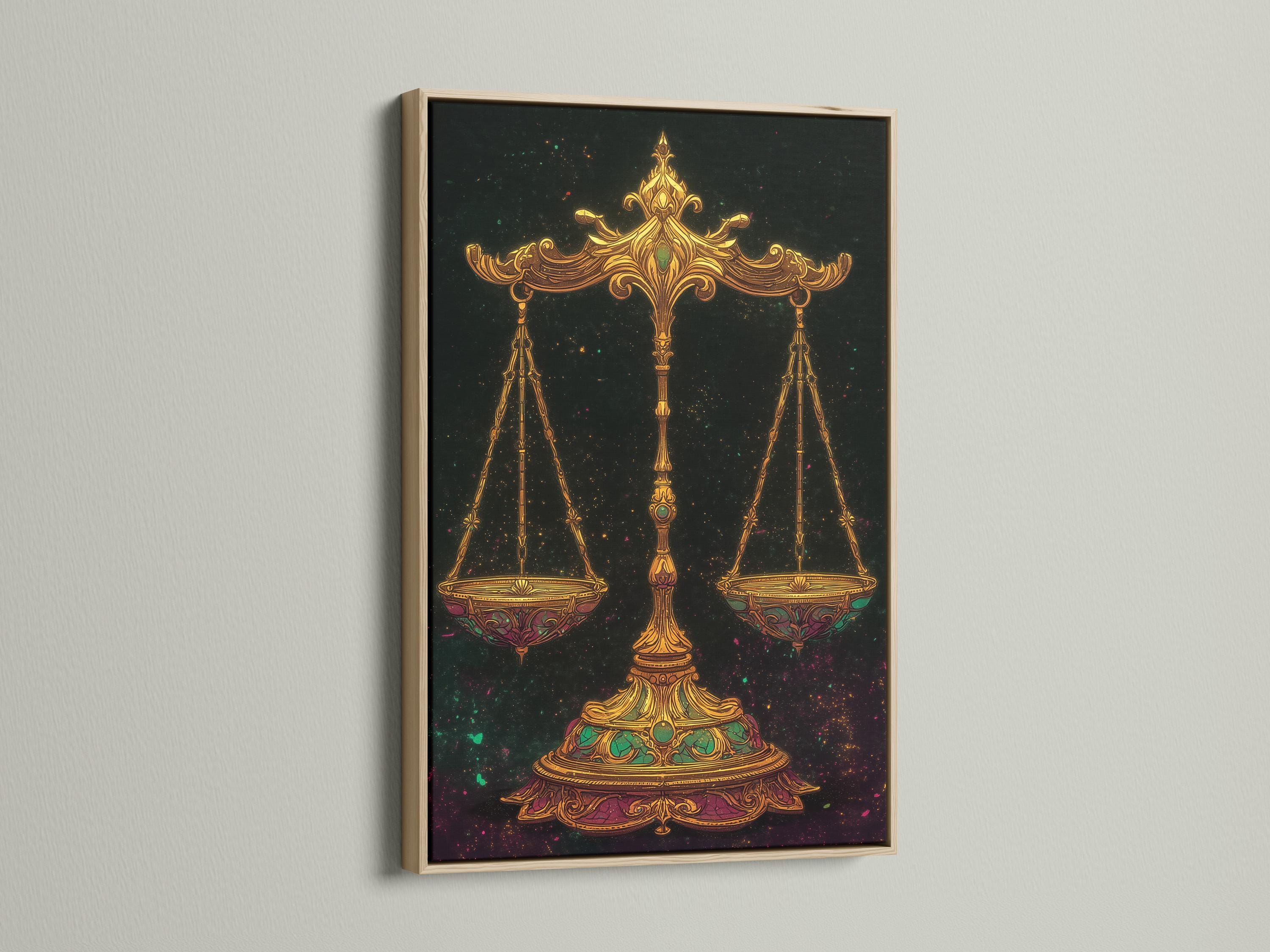 Ornate gold balance scales with emerald-green accents on a dark starry background detail view