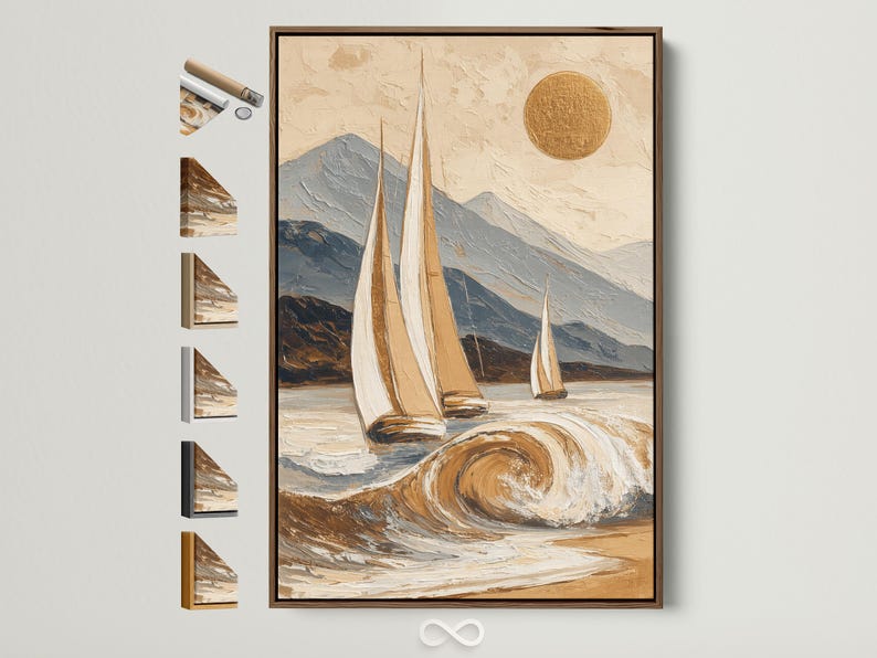 Painterly sailboat seascape with swirling waves, mountains and a gold sun