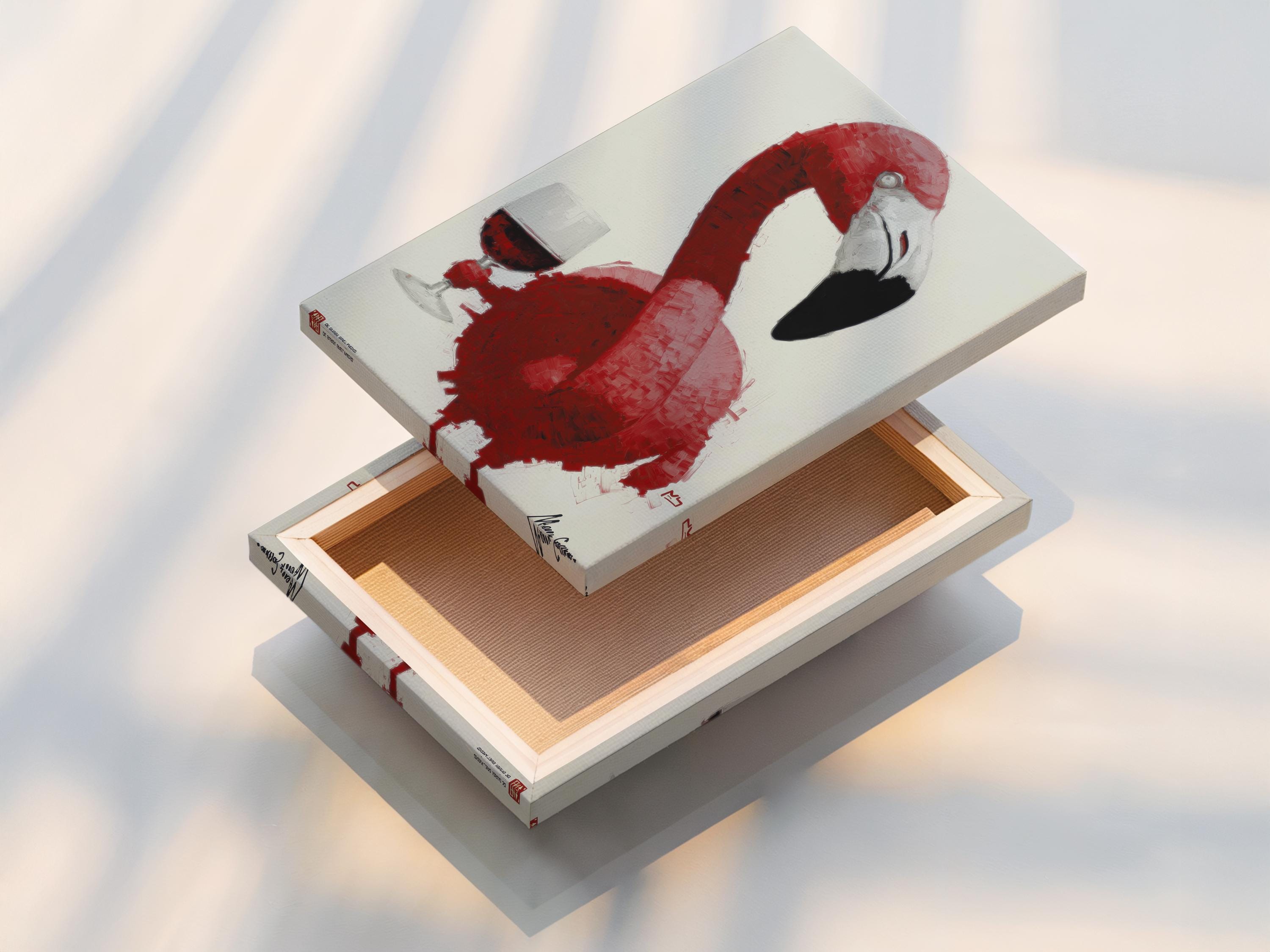 Framed artwork mockup of a pink flamingo with a wine glass