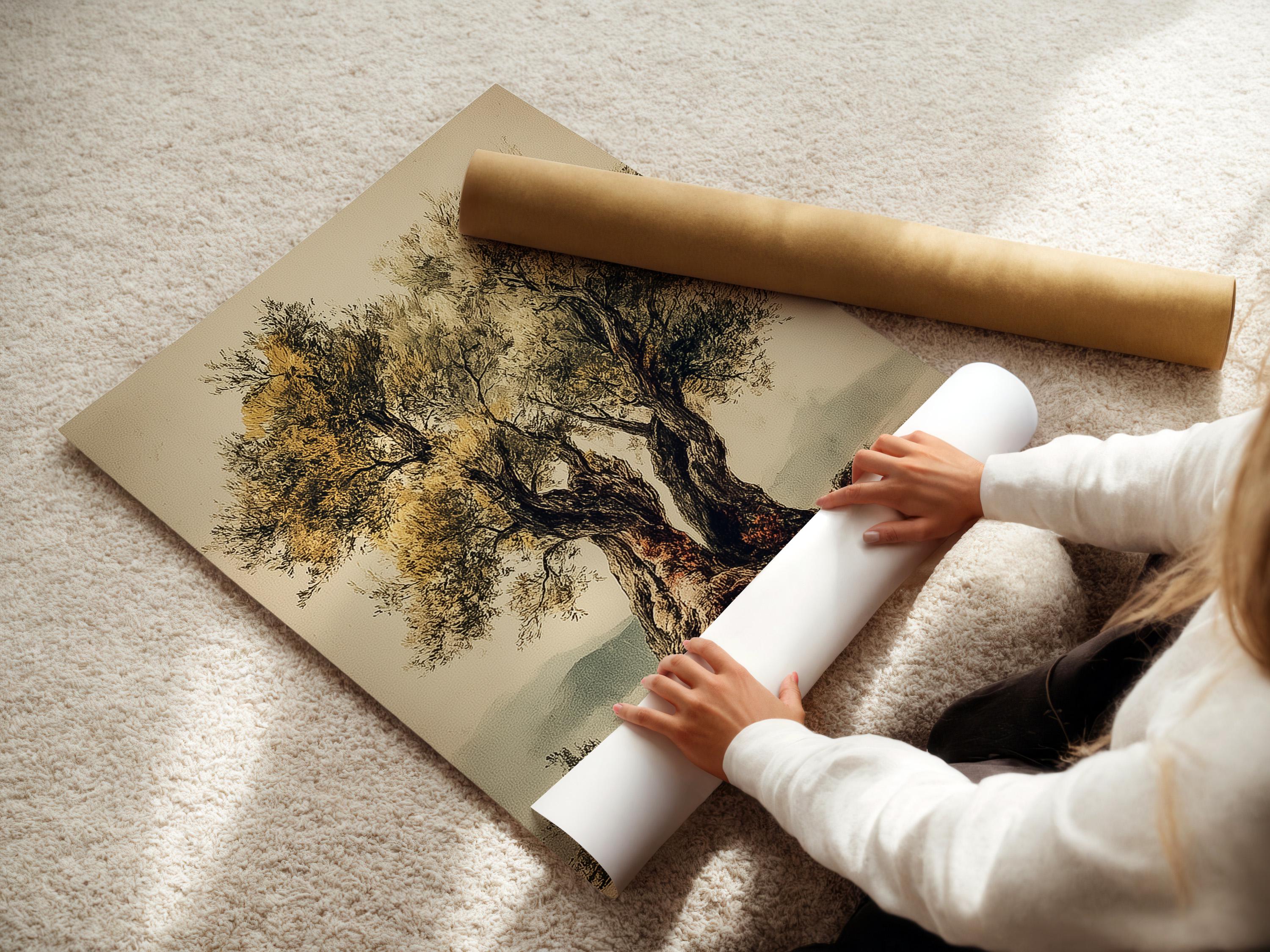 Vintage botanical tree illustration with a dark trunk, golden foliage and soft reflections detail view