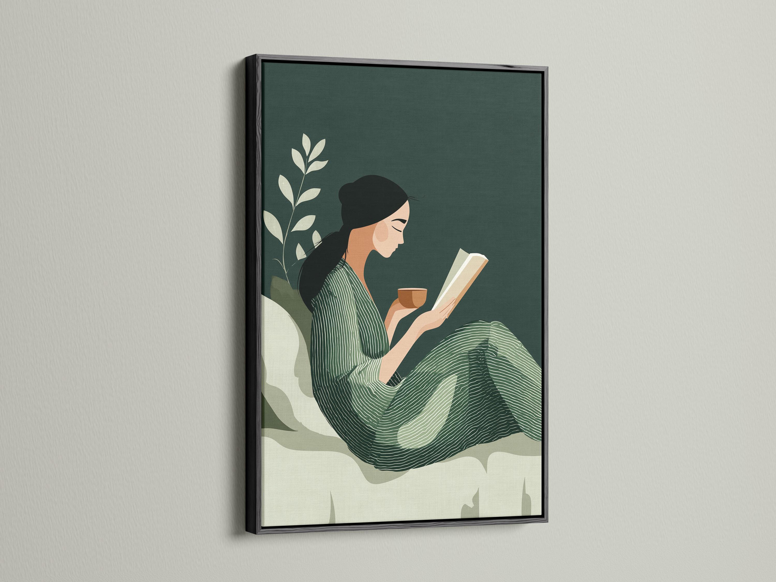 Room mockup showing a framed sage green botanical reading illustration on a wall