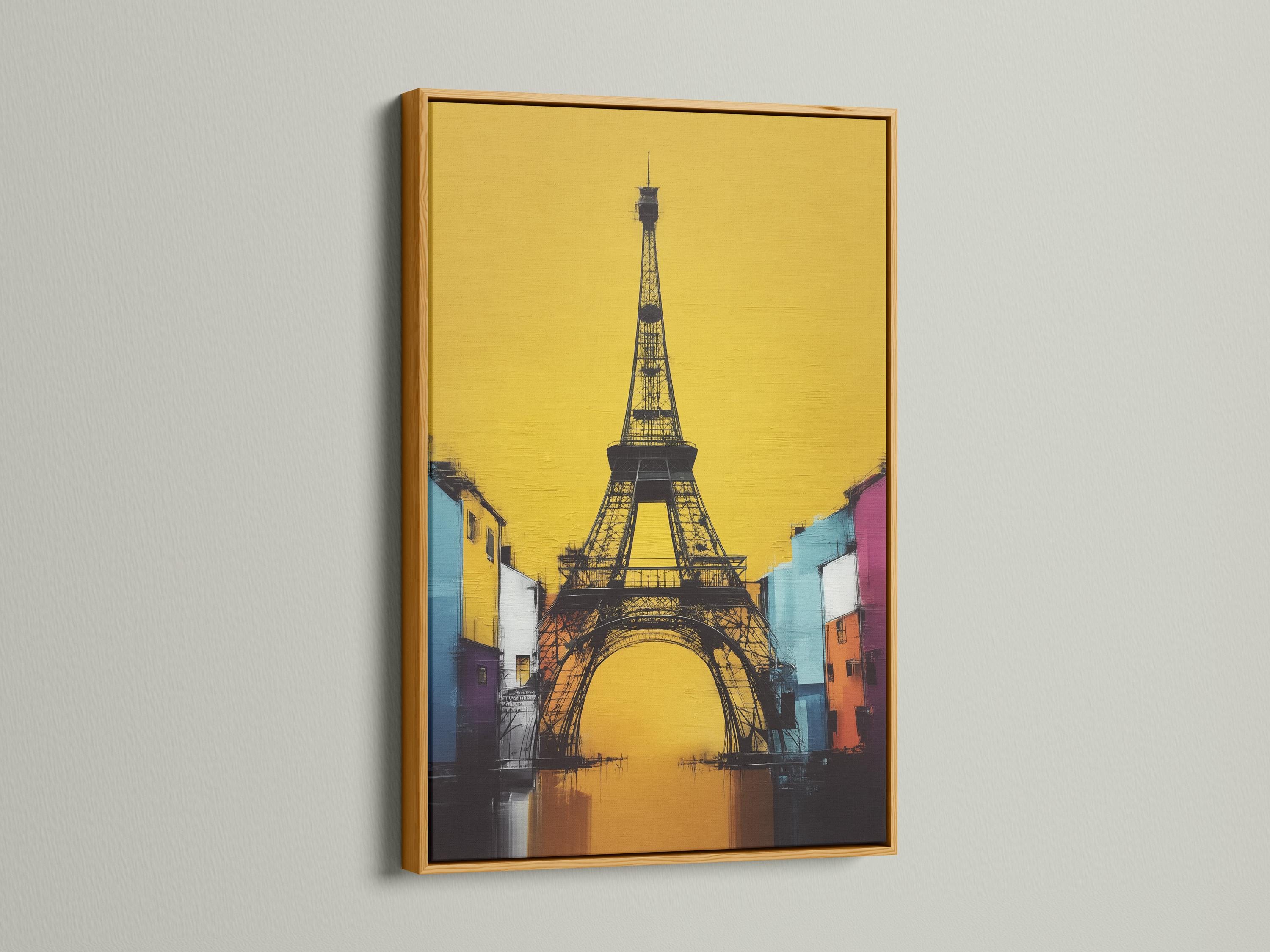 Stylised Eiffel Tower in black with a bright yellow background and colourful city buildings detail view