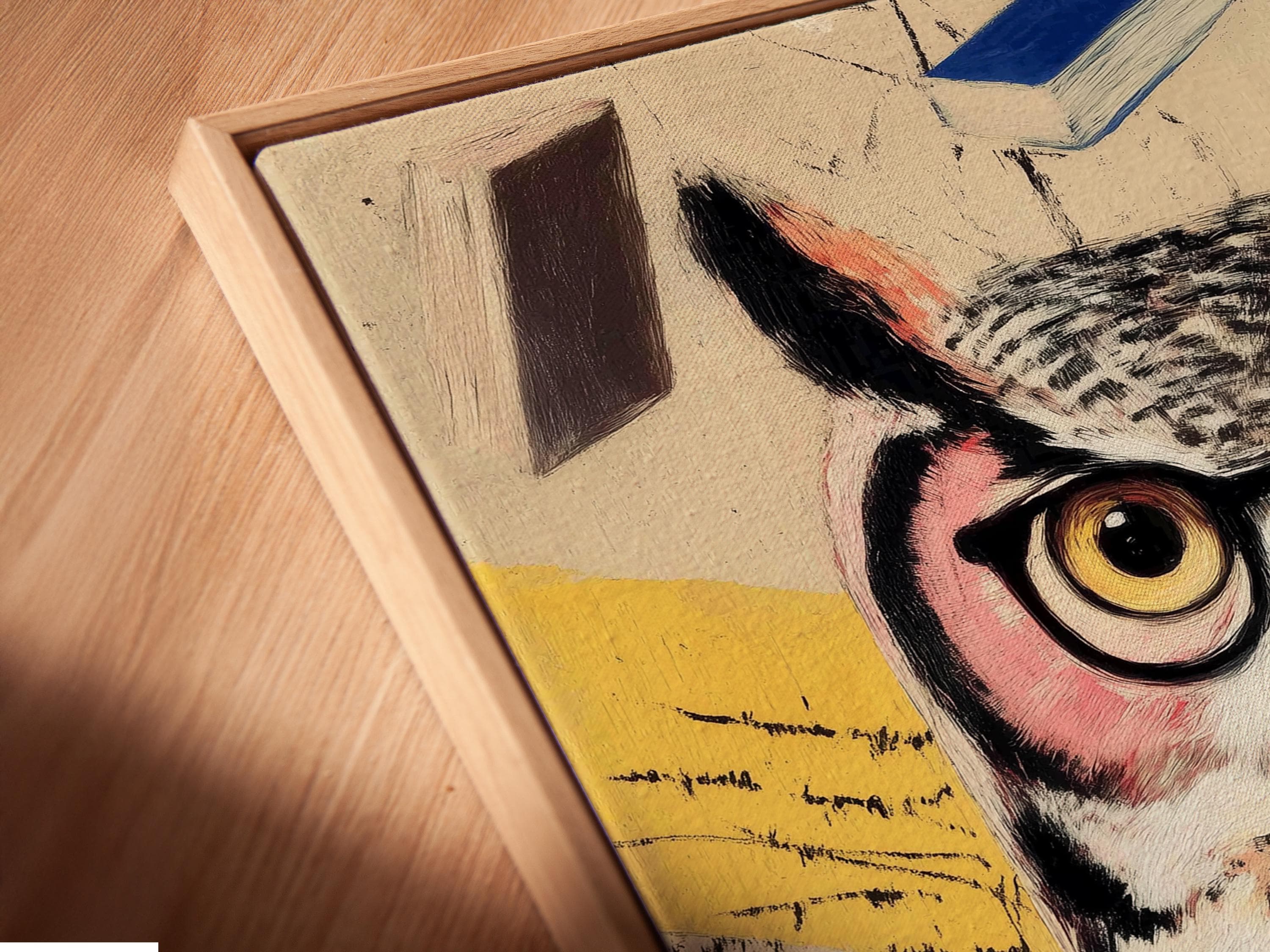 Scholarly owl with round spectacles surrounded by colourful books in a vintage painterly style detail view