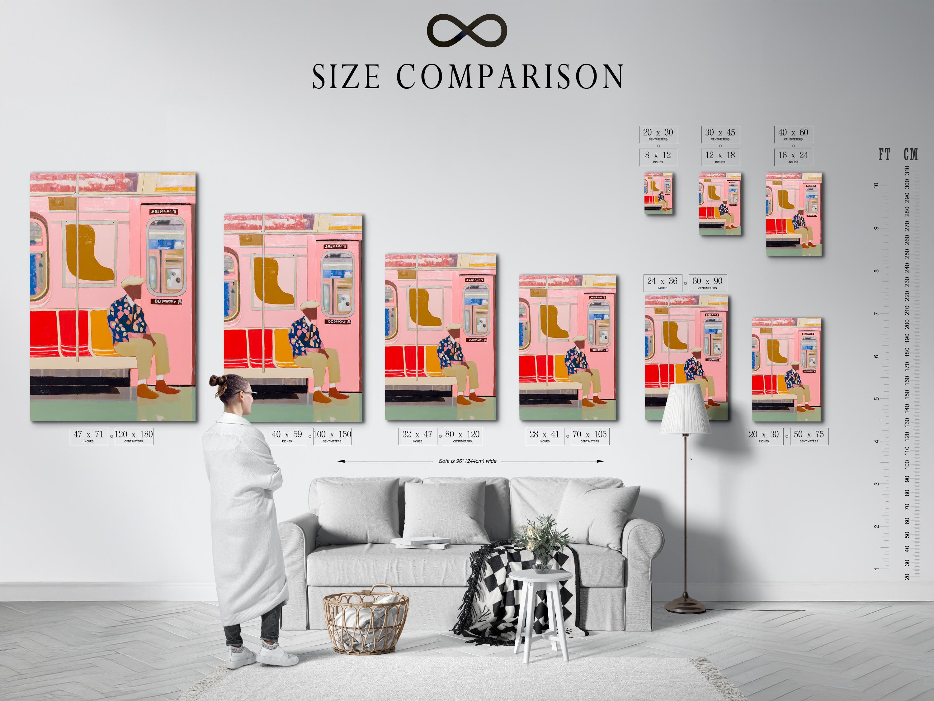 Room mockup showing framed urban subway artwork and colour swatch thumbnails