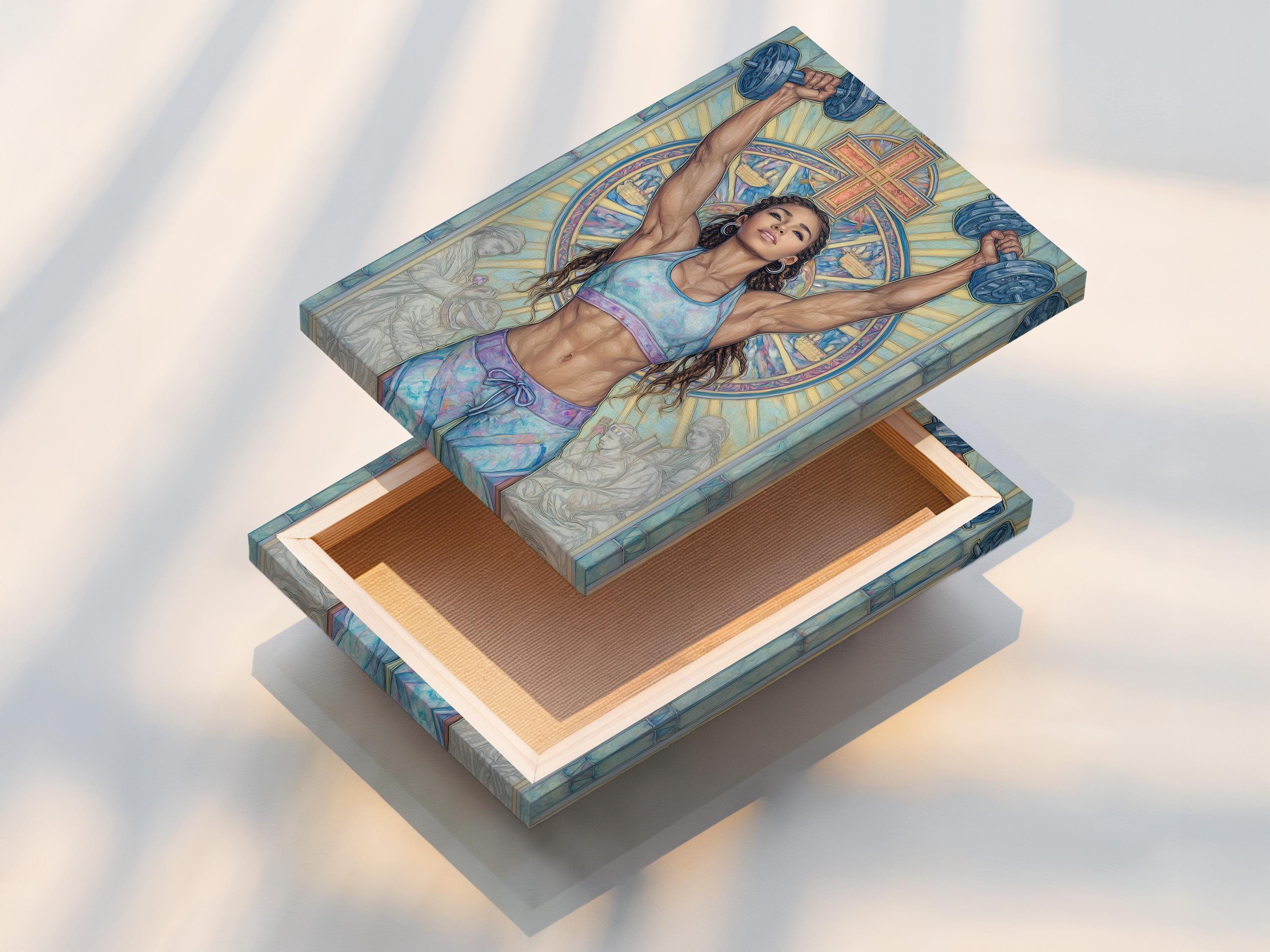 A stylised image shows a woman lifting both arms in prayer-like posture beneath a large cross, in cool blue and pastel tones detail view