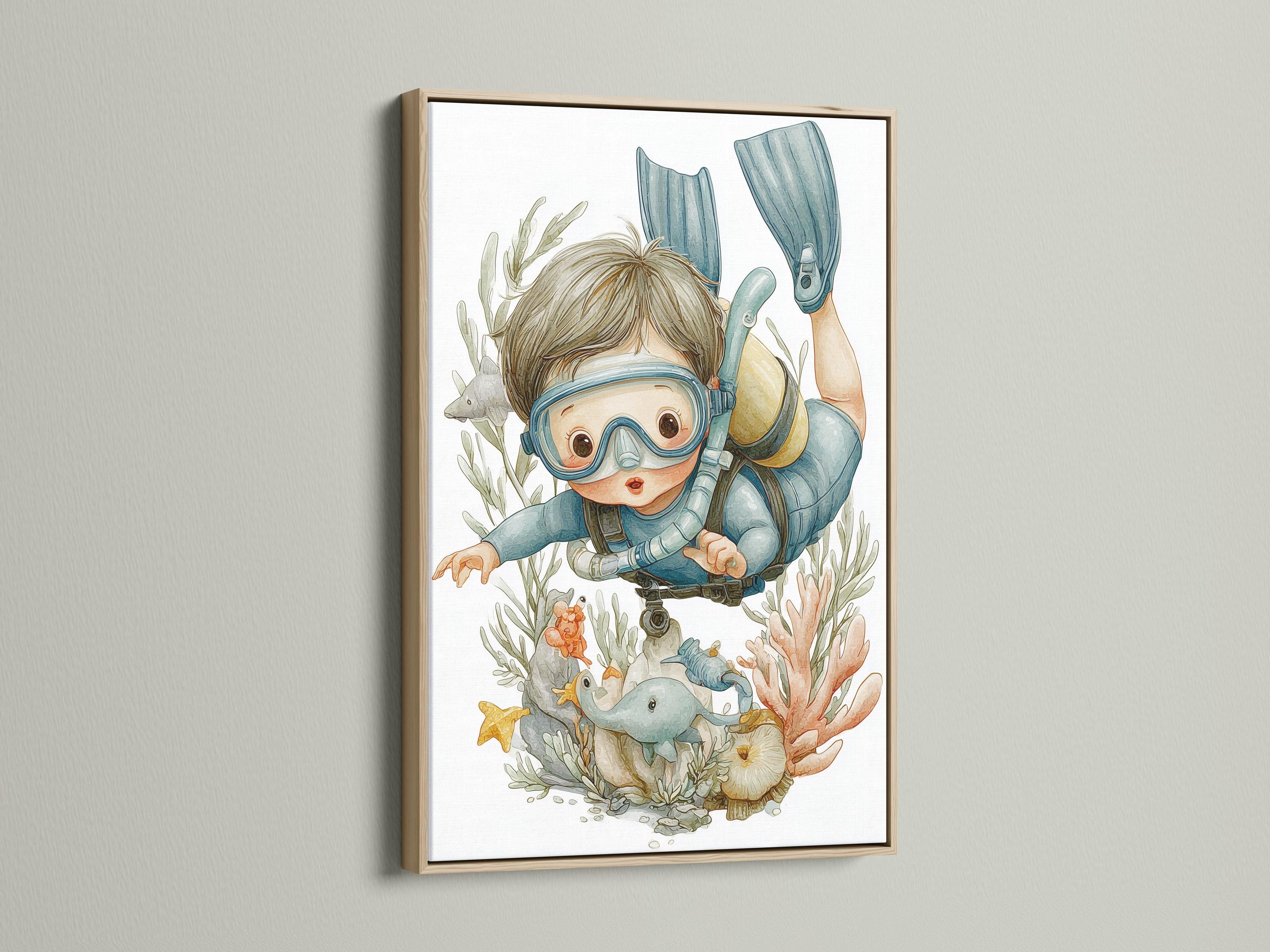 Illustrated child diver underwater scene with seaweed, fish and starfish detail view